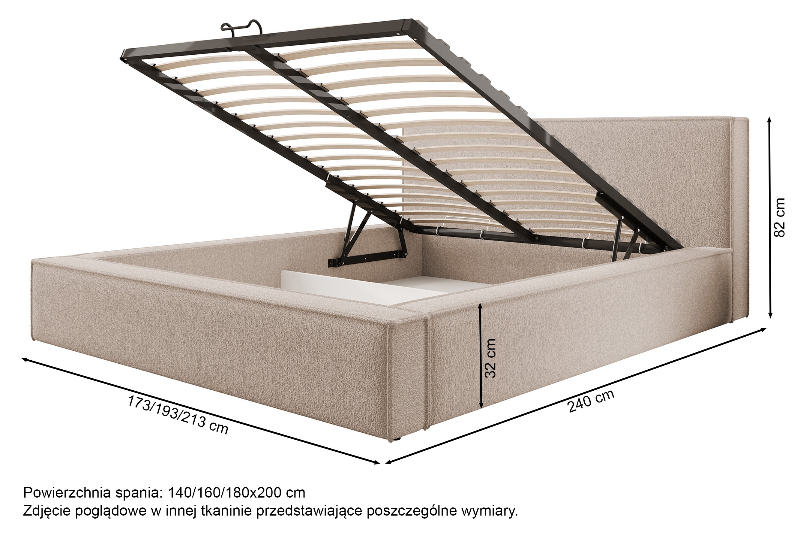 Rysunek wymiarowy - Łóżko tapicerowane Bocalio 140x200 cm z pojemnikiem stelaż metalowy jasnoszare: szerokość 173 cm, długość 213 cm, wysokość 82 cm