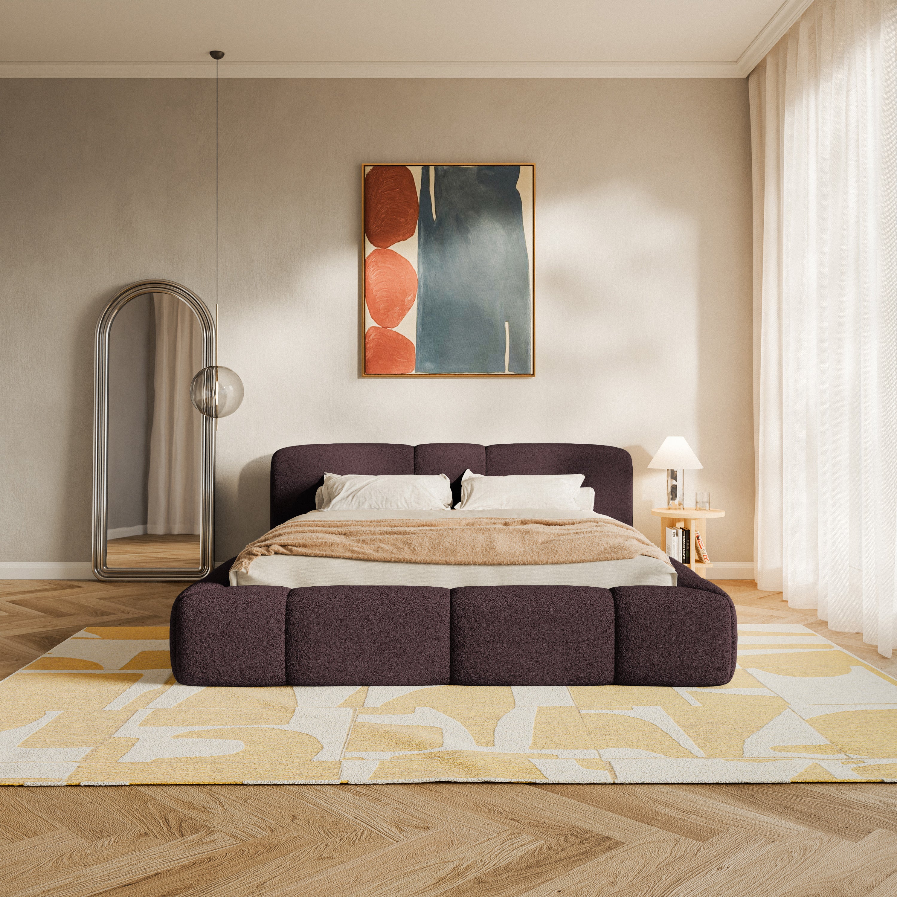 Łóżko tapicerowane 200x200 cm Bowia z pojemnikiem stelaż metalowy burgundowe plusz