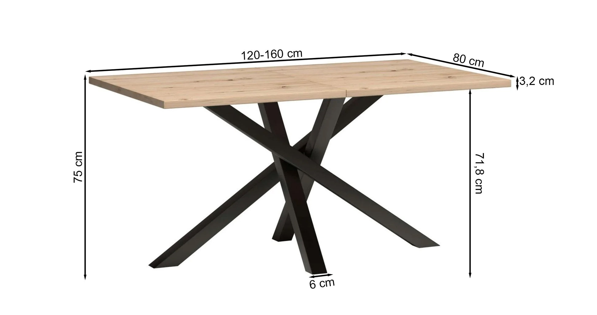 Rysunek wymiarowy - Stół rozkładany do jadalni Cali 120-160x80 cm: szerokość 120 cm, głębokość 80 cm, wysokość 75 cm