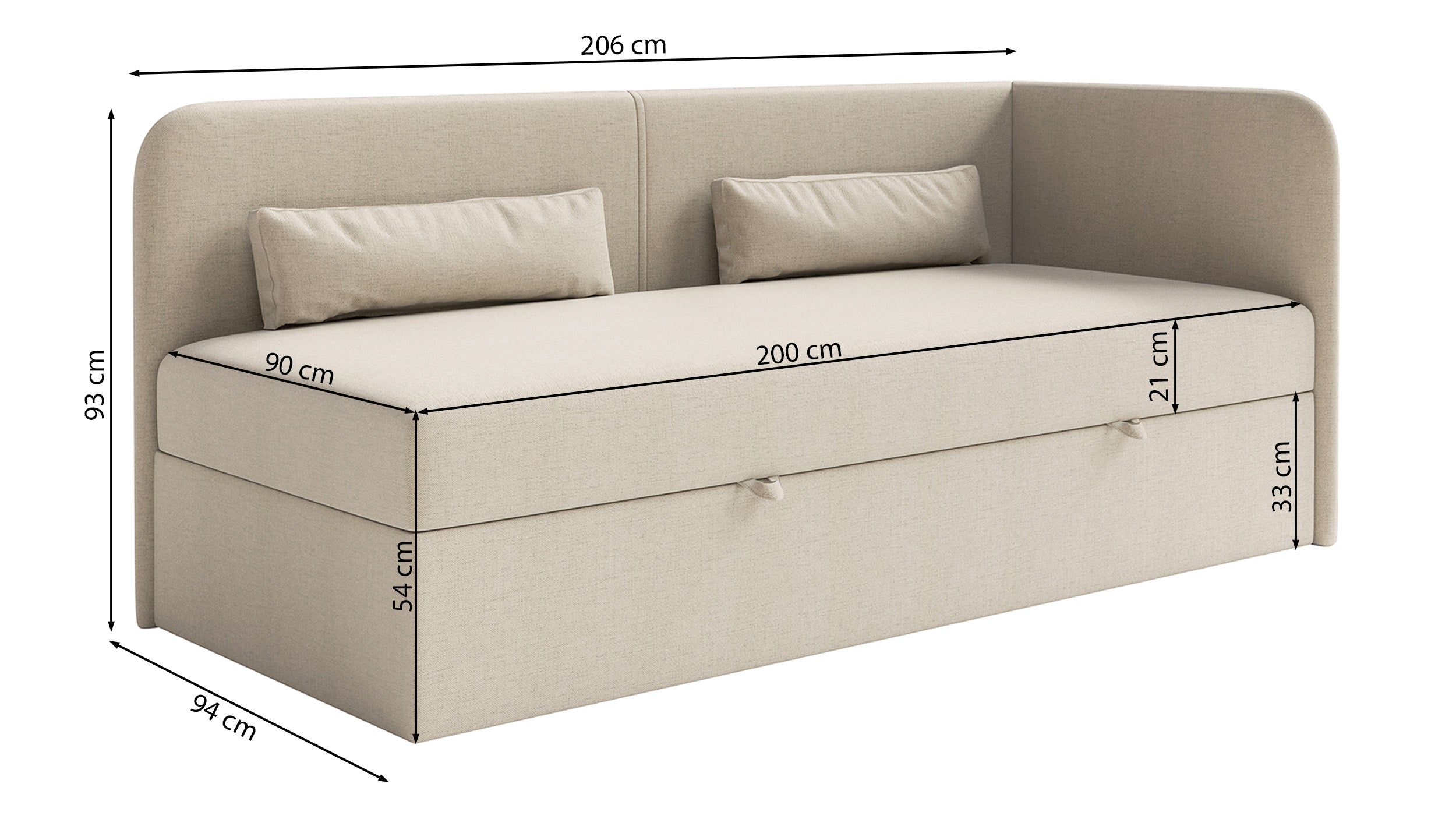 Rysunek wymiarowy - Łóżko młodzieżowe Calmmo prawostronne z pojemnikiem granatowe: szerokość 94 cm, długość 206 cm, wysokość 93 cm