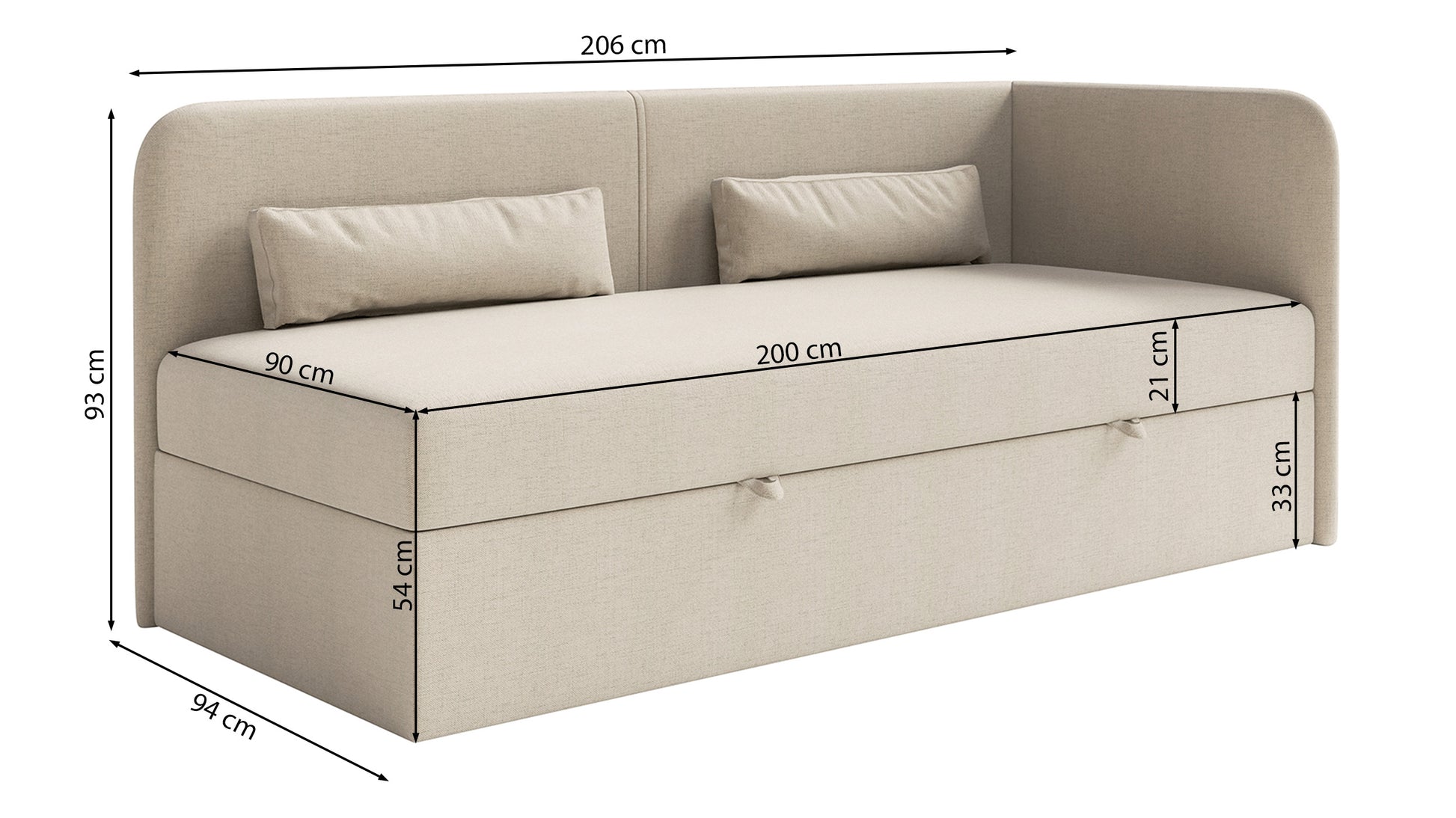 Rysunek wymiarowy - Łóżko młodzieżowe Calmmo prawostronne z pojemnikiem jasnoszare: szerokość 94 cm, długość 206 cm, wysokość 93 cm