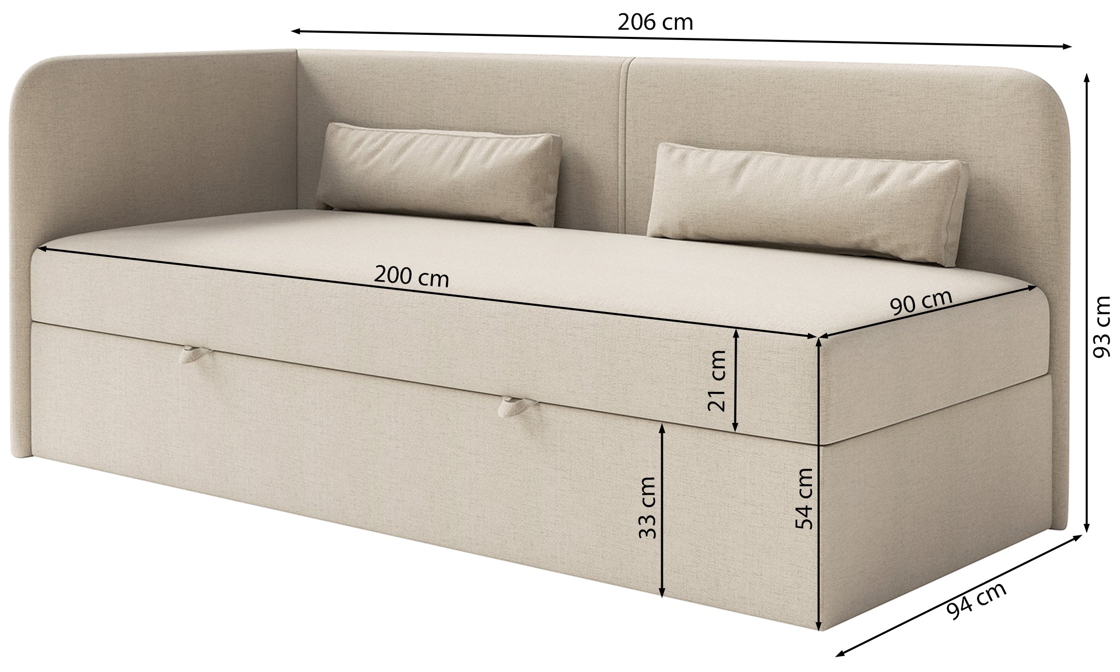 Rysunek wymiarowy - Łóżko młodzieżowe Calmmo lewostronne z pojemnikiem jasnoszare: szerokość 94 cm, długość 206 cm, wysokość 93 cm
