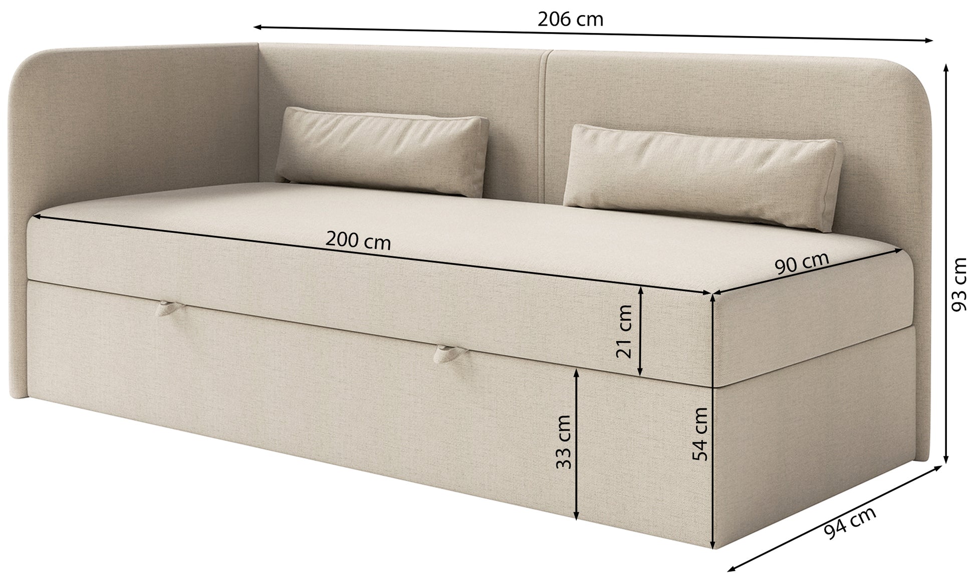 Rysunek wymiarowy - Łóżko młodzieżowe Calmmo lewostronne z pojemnikiem ciemnoszare: szerokość 94 cm, długość 206 cm, wysokość 93 cm