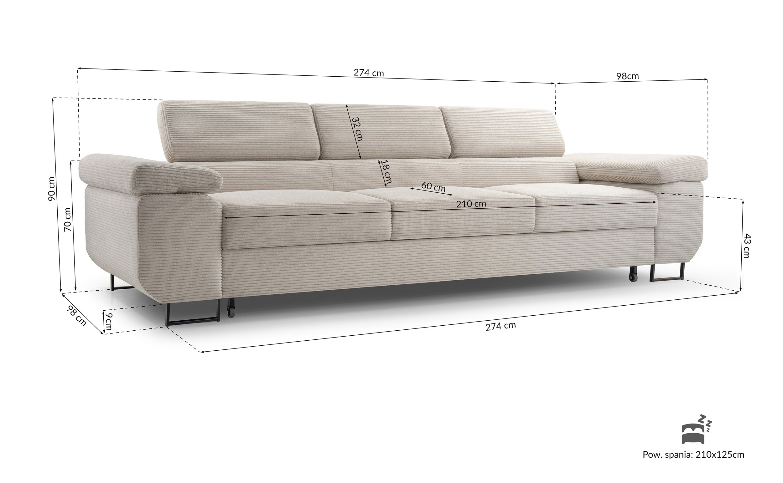 Rysunek wymiarowy - Kanapa rozkładana Capurso jasnoszara: szerokość 274 cm, głębokość 98 cm, wysokość 90 cm
