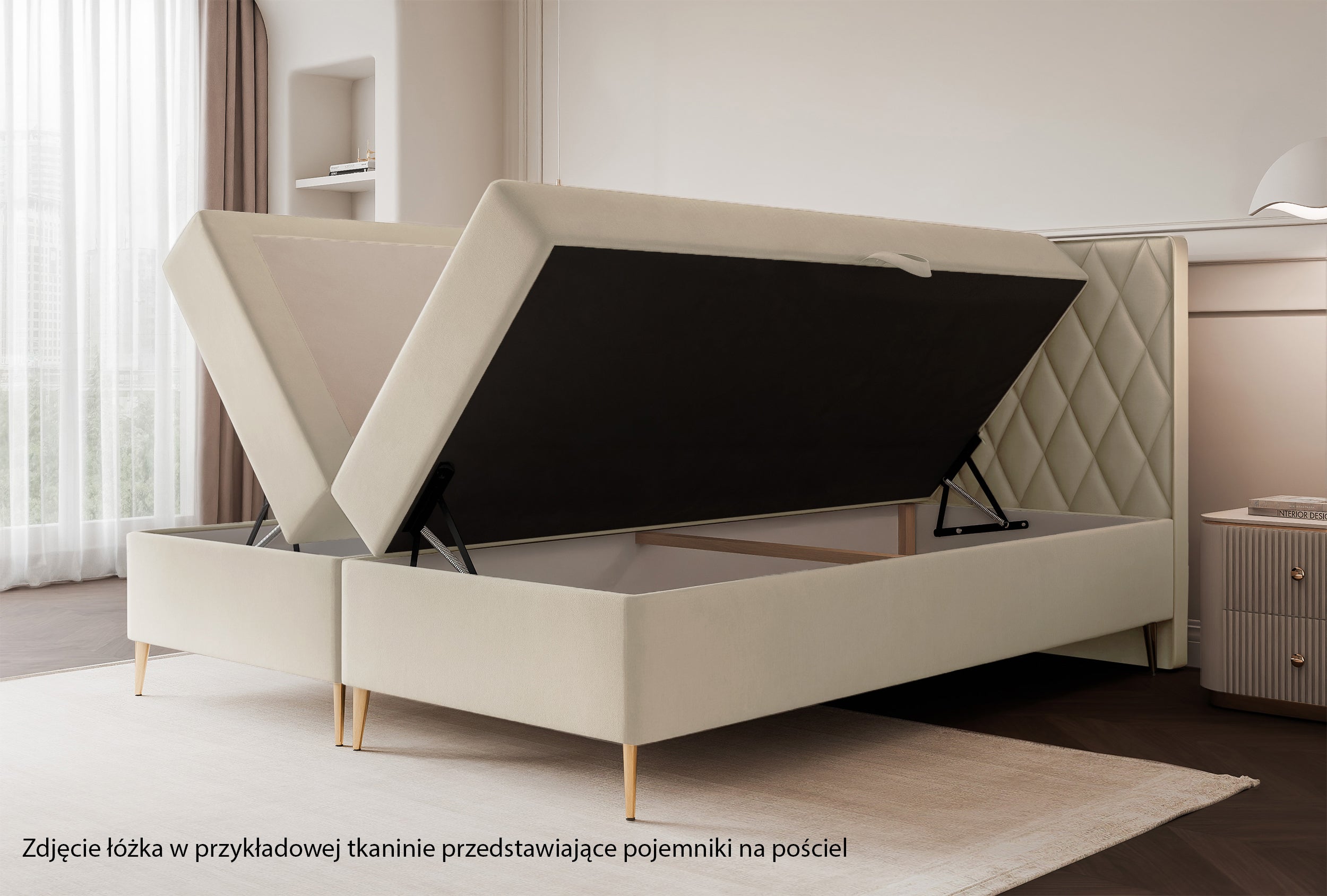 Łóżko kontynentalne 180x200 cm Caresso z materacem bonellowym i topperem jasnobrązowe szenil hydrofobowy