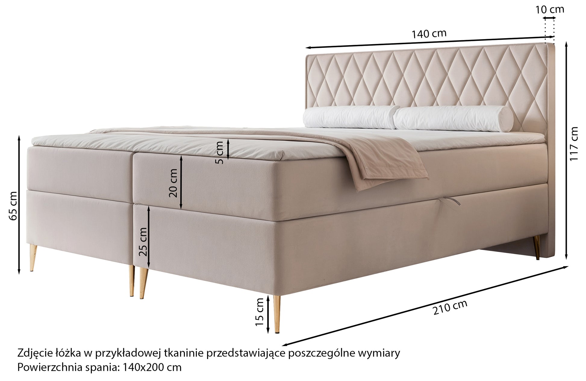 Rysunek wymiarowy - Łóżko kontynentalne Caresso 140x200 cm z materacem bonellowym i topperem jasnobrązowe szenil: szerokość 140 cm, długość 210 cm, wysokość 117 cm