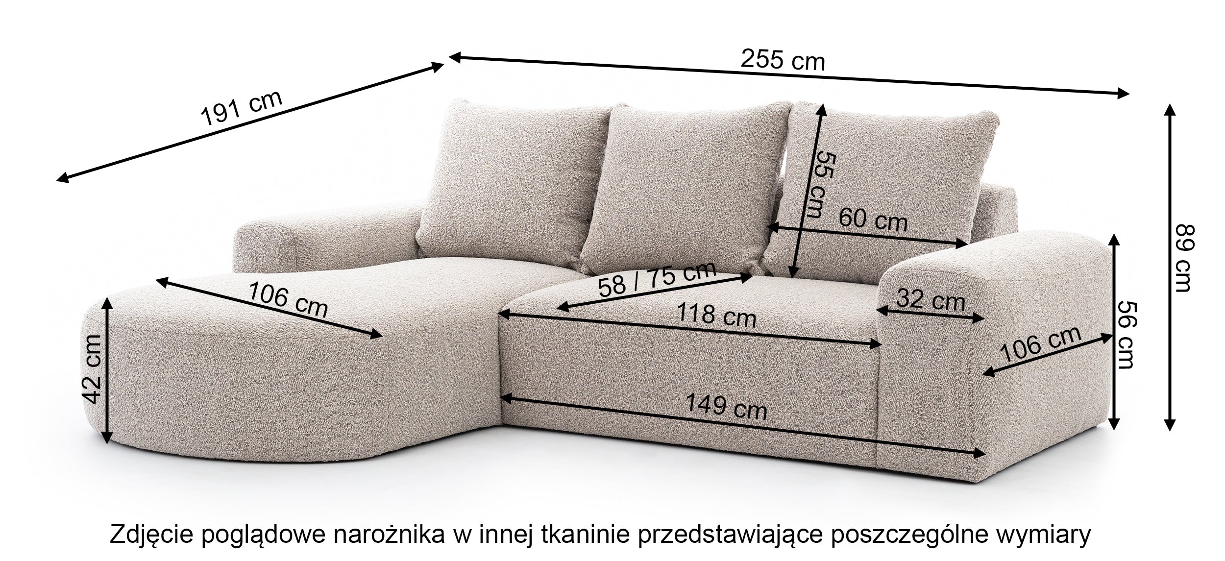Narożnik modułowy Castellina L-kształtny 255 cm mniejszy ciemnoszary w tkaninie boucle prawostronny