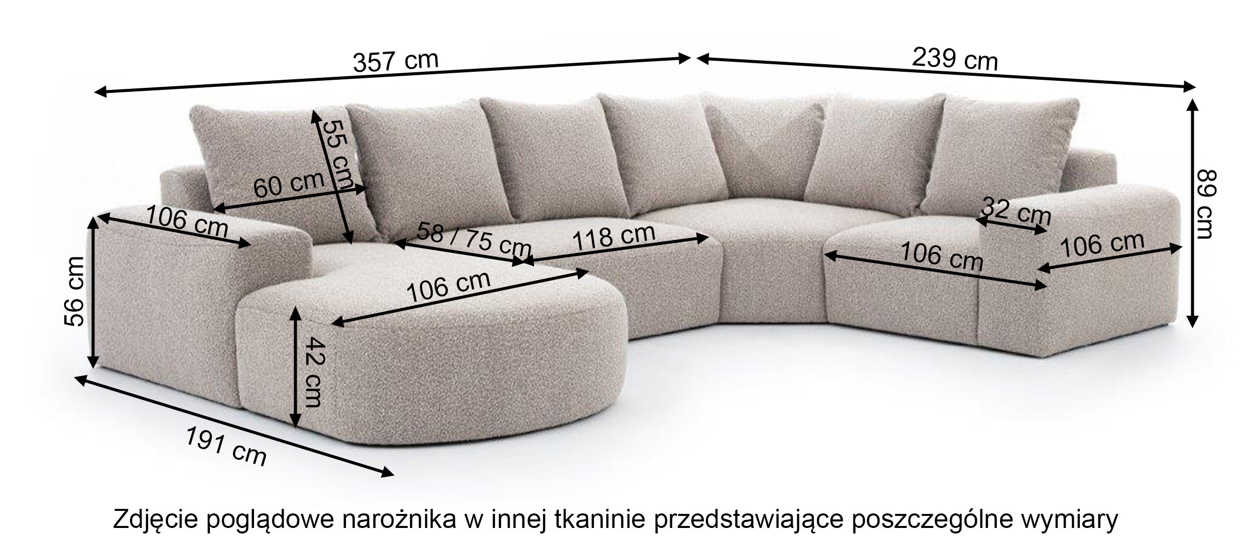 Narożnik modułowy Castellina U-kształtny z oparciem po lewej stronie szary w tkaninie boucle