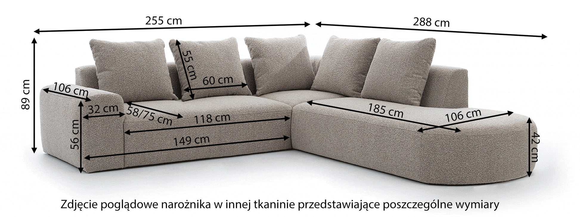 Rysunek wymiarowy - Narożnik modułowy Castellina L-kształtny 255 cm większy szary w tkaninie boucle prawostronny: szerokość 255 cm, głębokość 288 cm, wysokość 89 cm