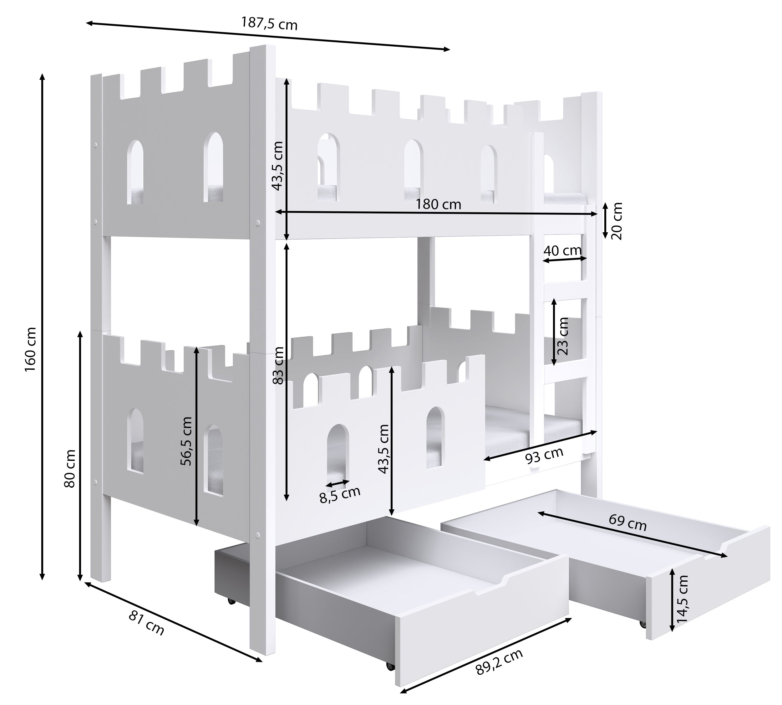 Rysunek wymiarowy - Łóżko piętrowe Castelo z materacami i szufladami różowy: szerokość 81 cm, długość 187,5 cm, wysokość 160 cm