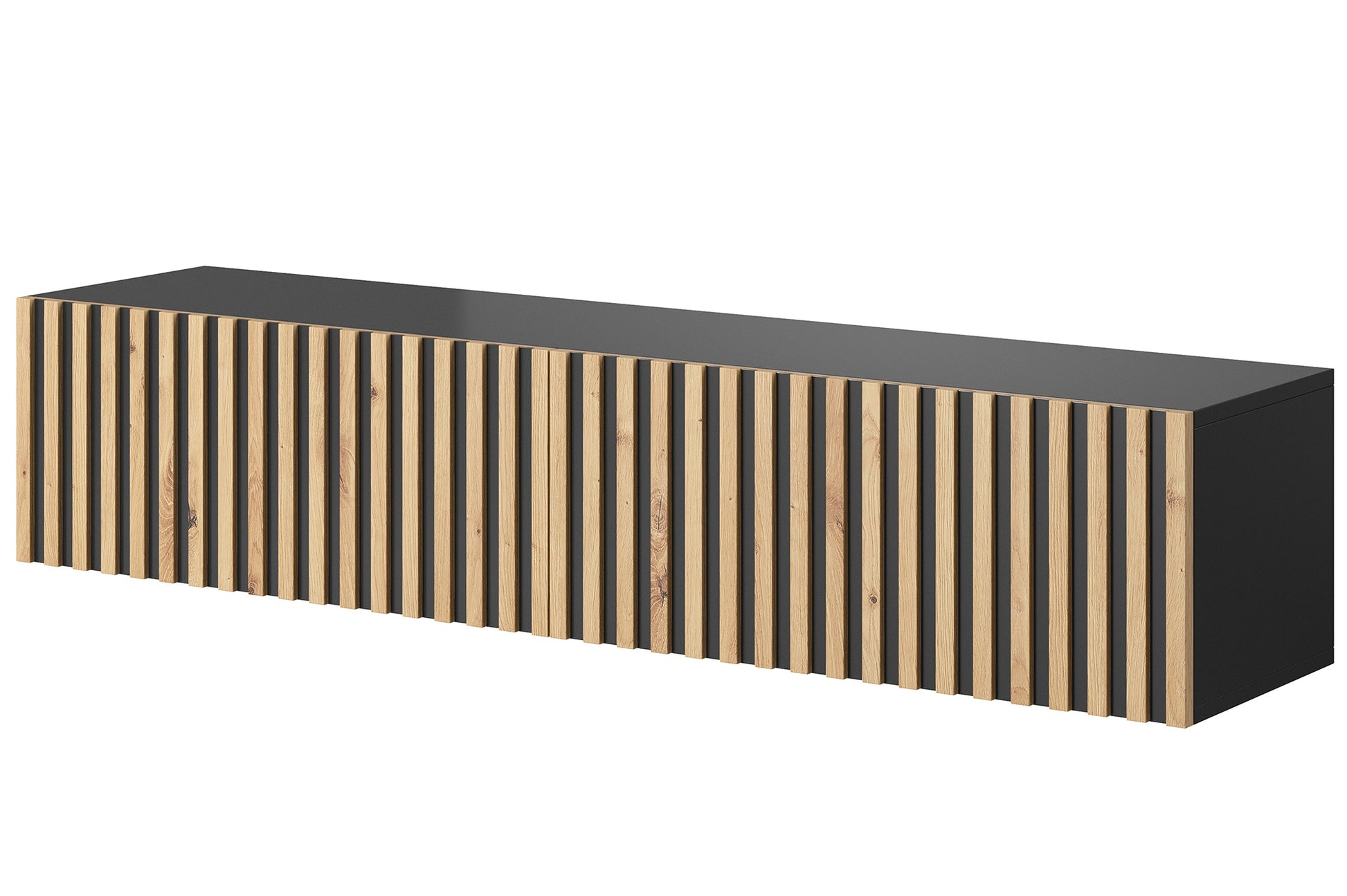 Szafka RTV Telire 138,6 cm czarna z lamelowym frontem dąb artisan - szerokość 138,6 cm