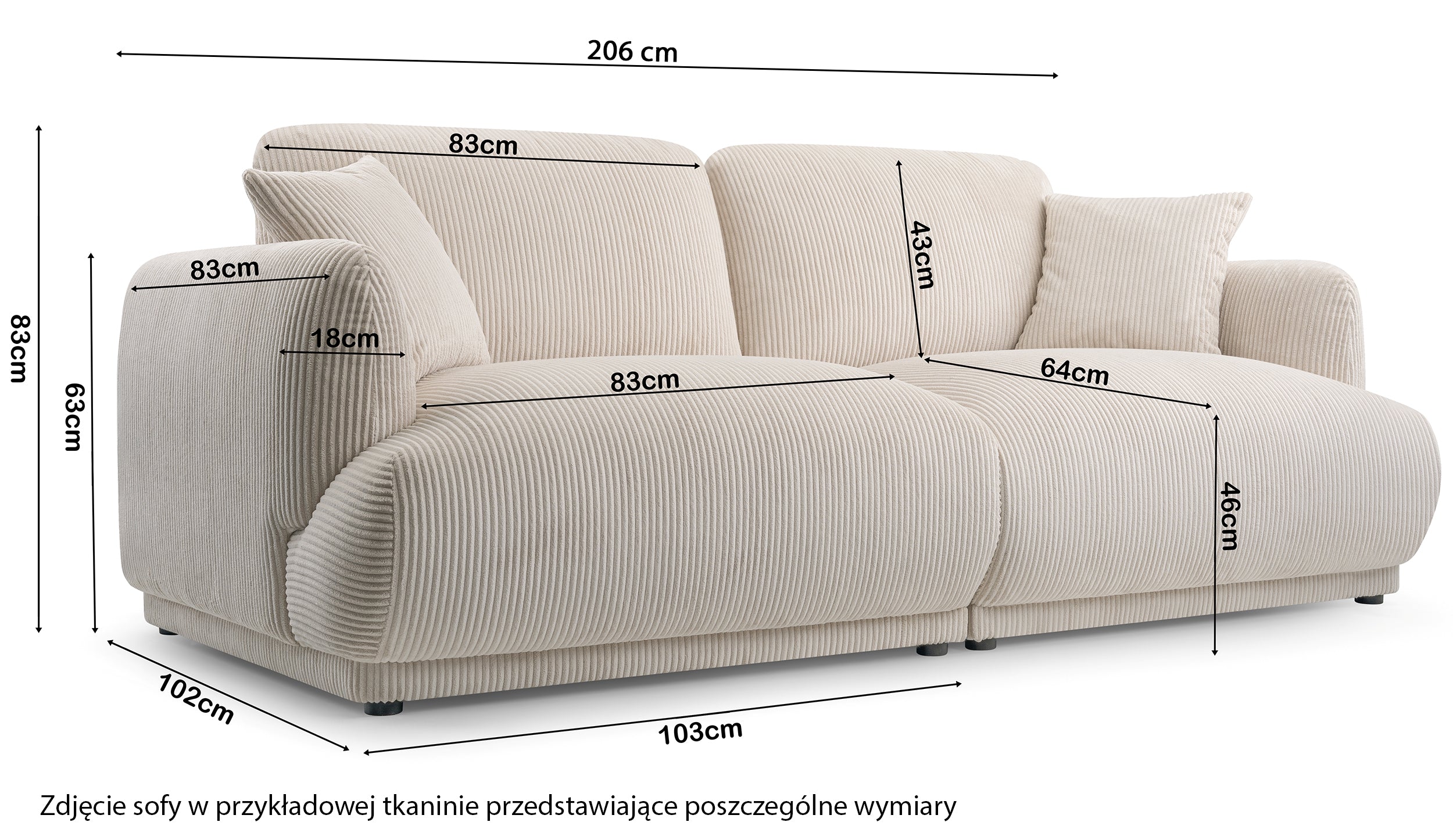Rysunek wymiarowy - Sofa chacco jasnobeżowa: szerokość 206 cm, głębokość 102 cm, wysokość 83 cm
