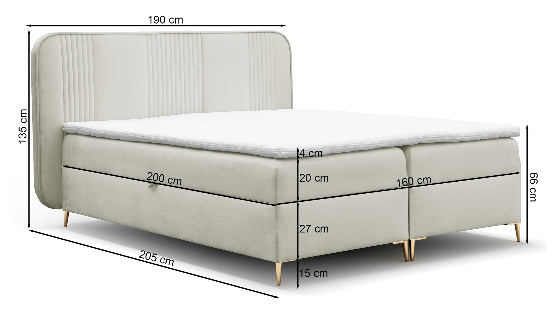 Rysunek wymiarowy - Łóżko kontynentalne Clarentino 160x200 cm z dwoma pojemnikami i topperem jasnoszare: szerokość 190 cm, długość 205 cm, wysokość 135 cm