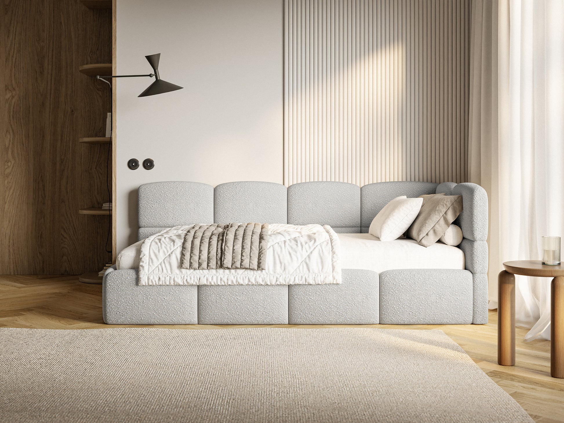 Łóżko młodzieżowe 120x200 cm Cloudy prawostronne z pojemnikiem jasnoszare boucle - materiał tworzywo sztuczne