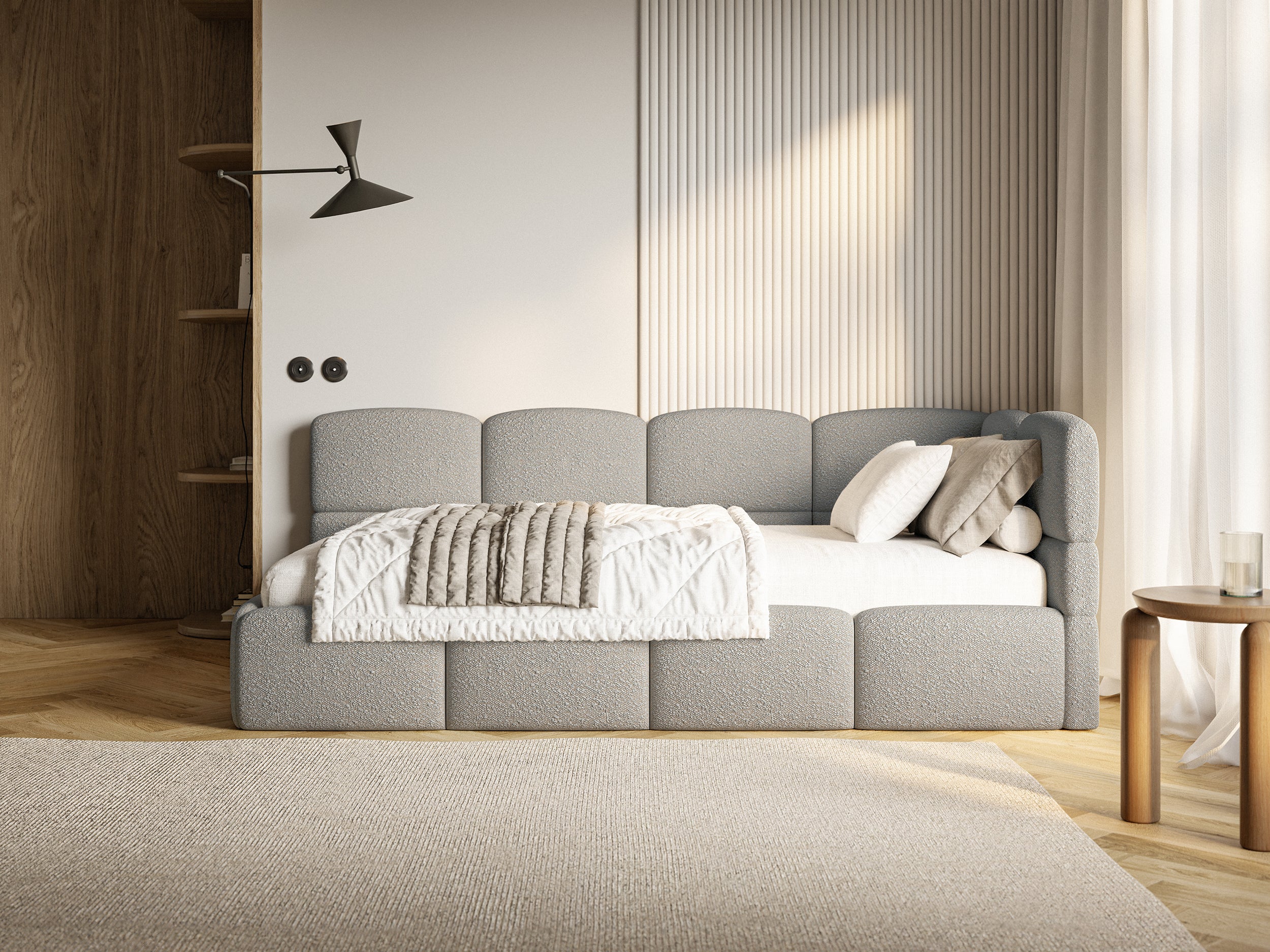 Łóżko młodzieżowe 120x200 cm Cloudy prawostronne z materacem pojemnikiem i barierkami szare boucle - długość 220 cm