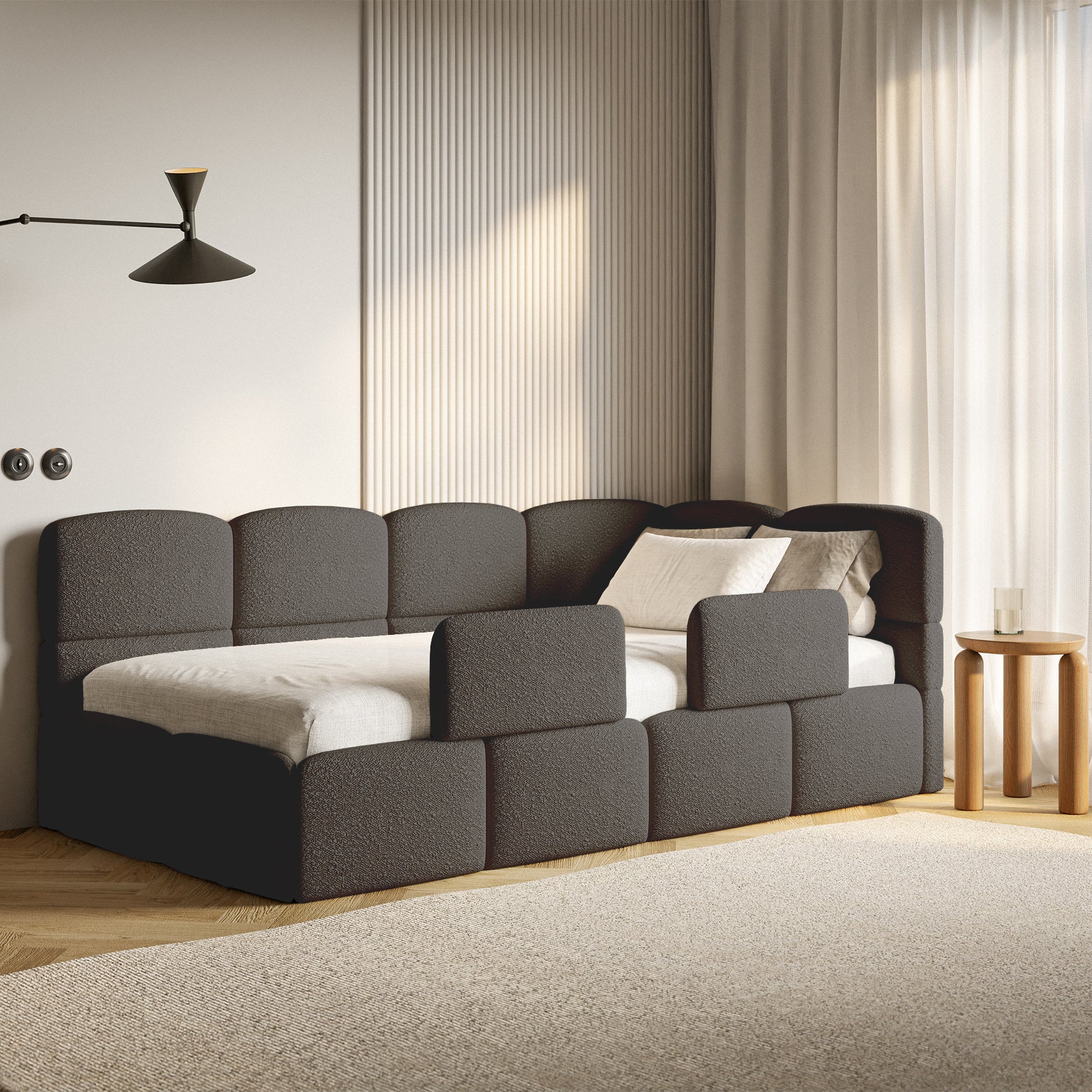 Łóżko młodzieżowe 120x200 cm Cloudy prawostronne z pojemnikiem i barierkami brązowe boucle - stelaż metalowy
