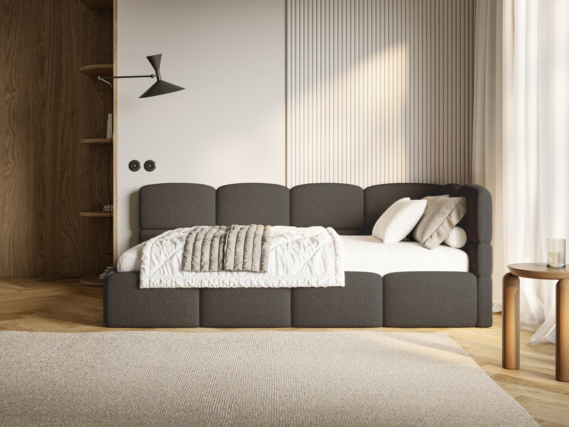Łóżko młodzieżowe 120x200 cm Cloudy prawostronne z materacem i pojemnikiem brązowe boucle - materiał tworzywo sztuczne