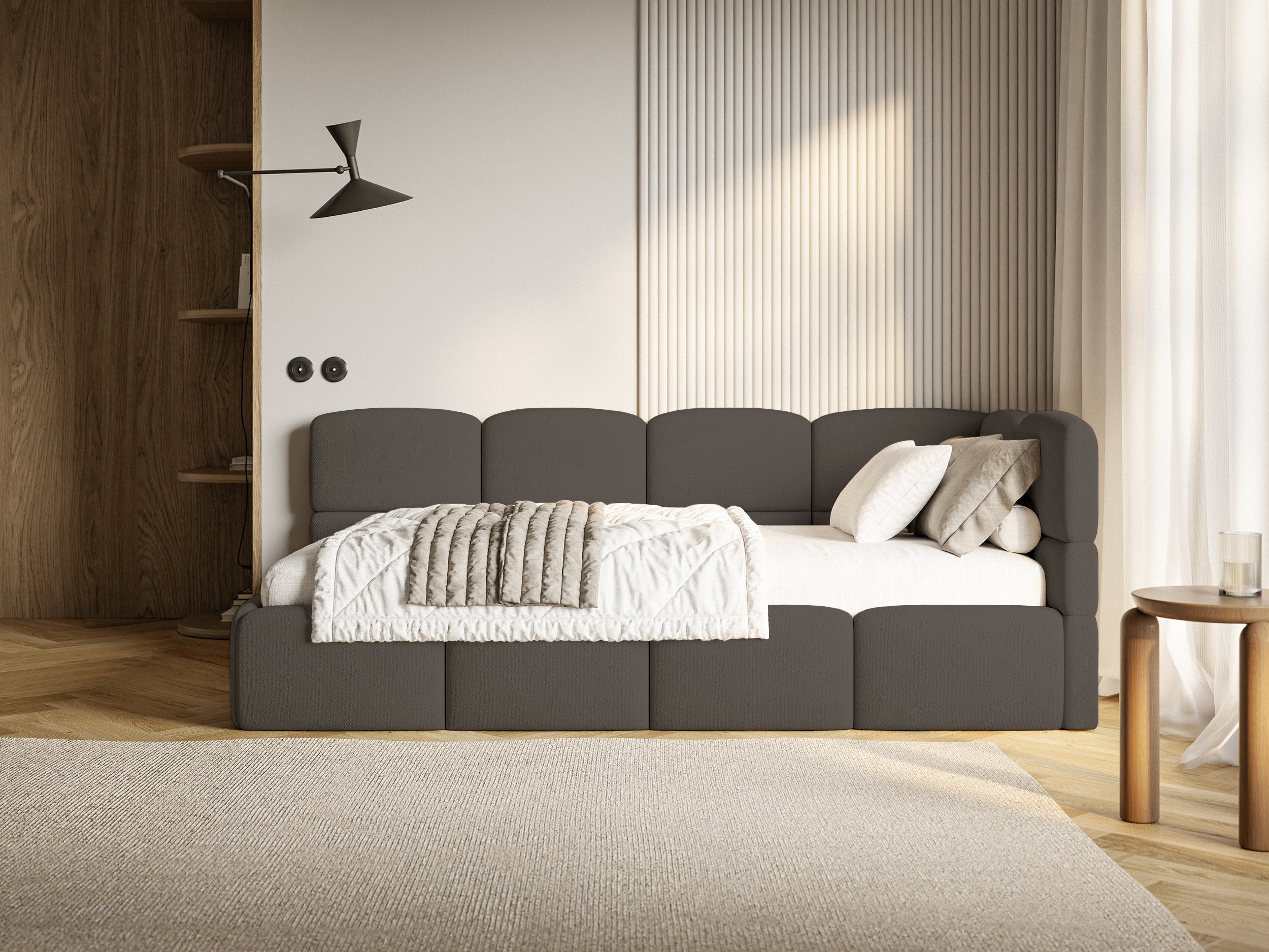 Łóżko młodzieżowe 90x200 cm Cloudy prawostronne z materacem pojemnikiem i barierkami brązowe szenil - długość 220 cm