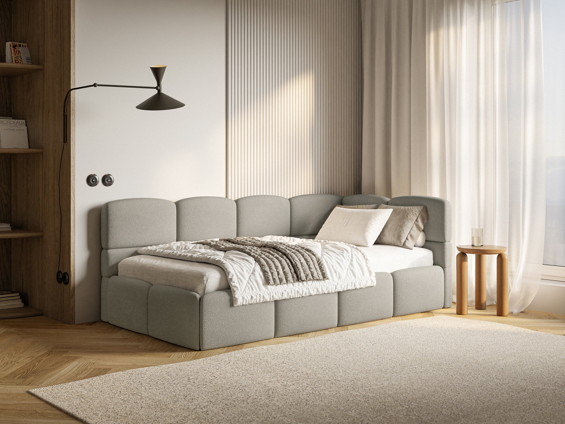Łóżko młodzieżowe 90x200 cm Cloudy prawostronne z pojemnikiem i barierkami jasnobrązowe szenil - materiał boucle