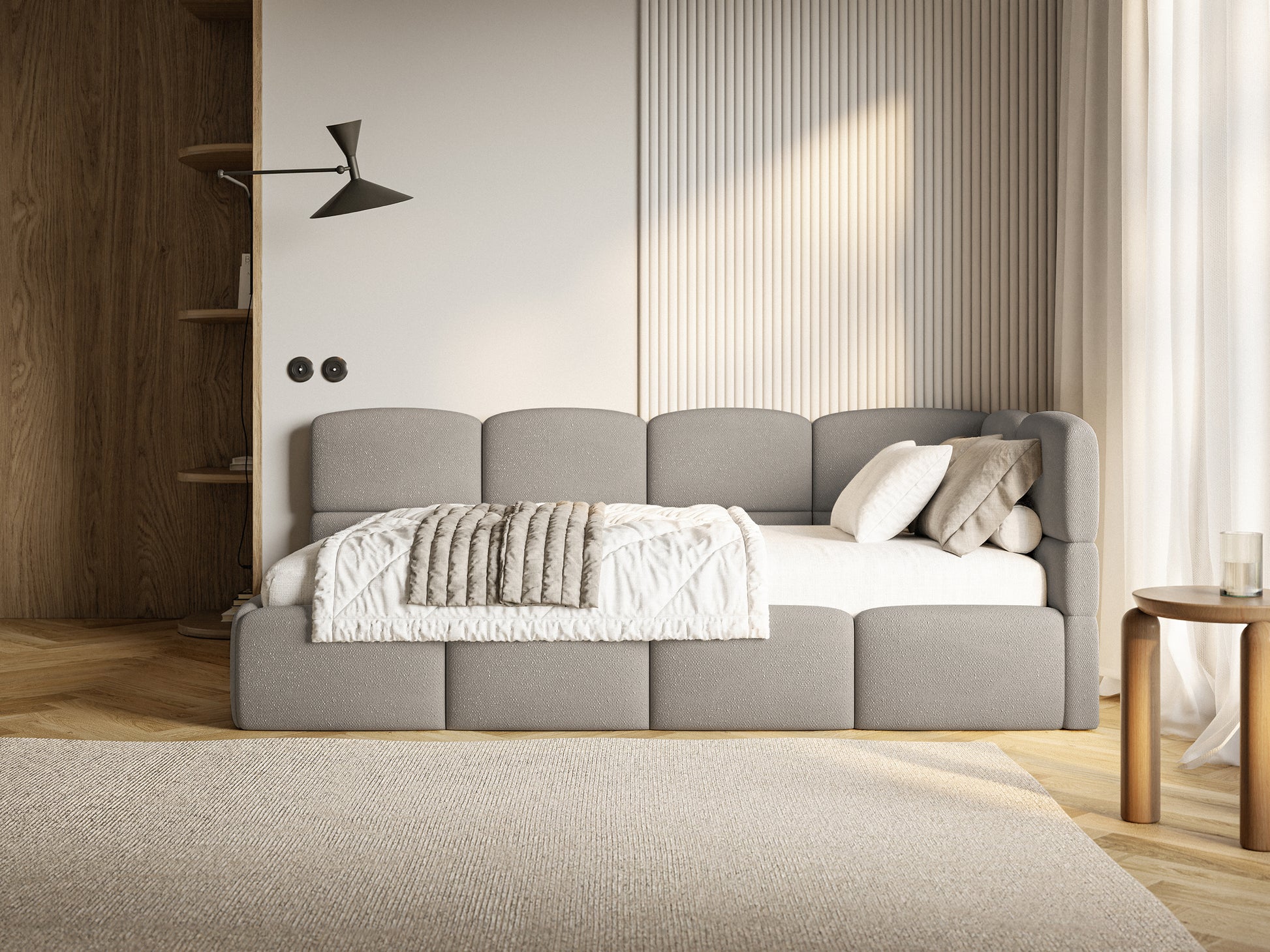 Łóżko młodzieżowe 90x200 cm Cloudy prawostronne z pojemnikiem i barierkami jasnobrązowe szenil - materiał drewno
