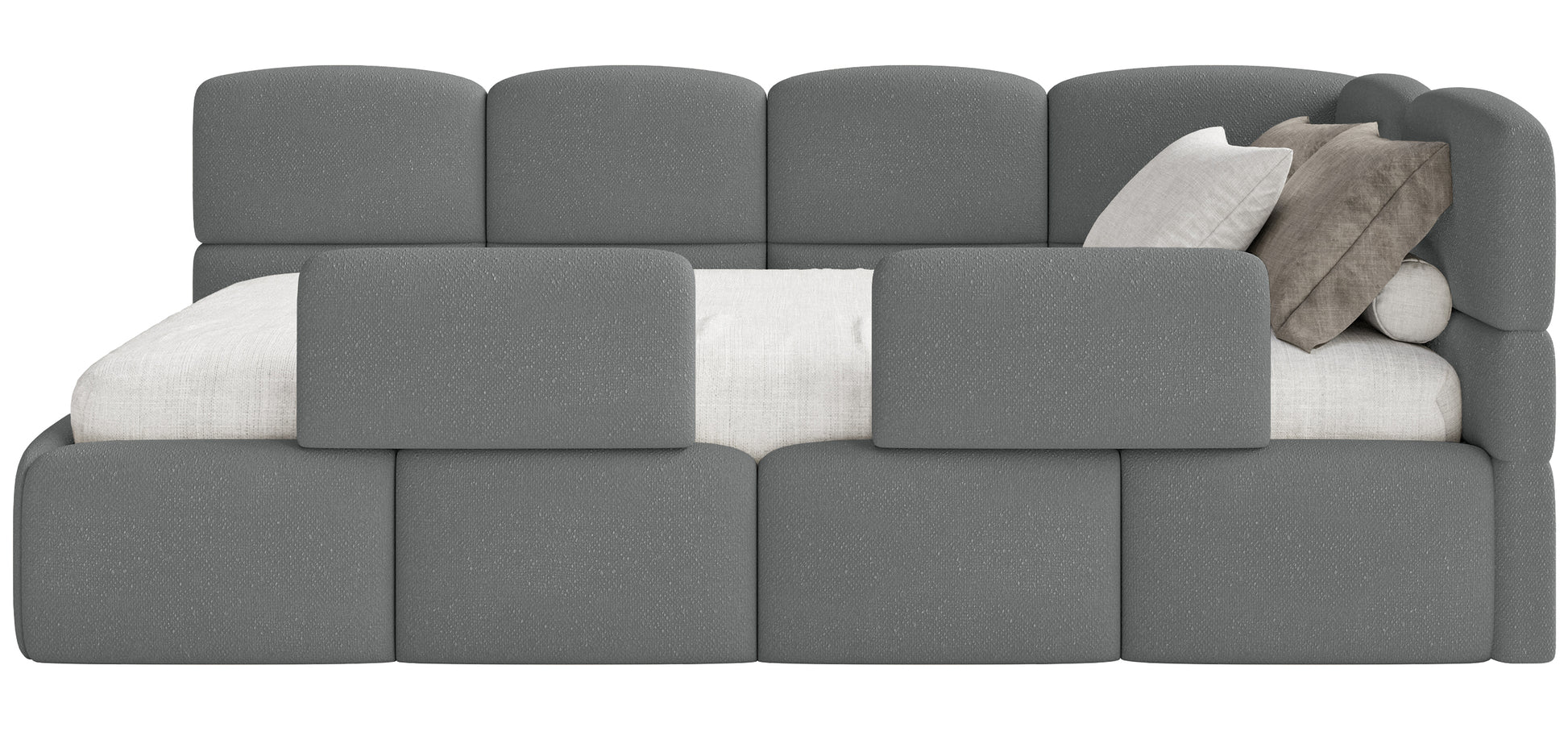 Łóżko młodzieżowe 90x200 cm Cloudy prawostronne z pojemnikiem i barierkami ciemnoszare szenil - materiał metal