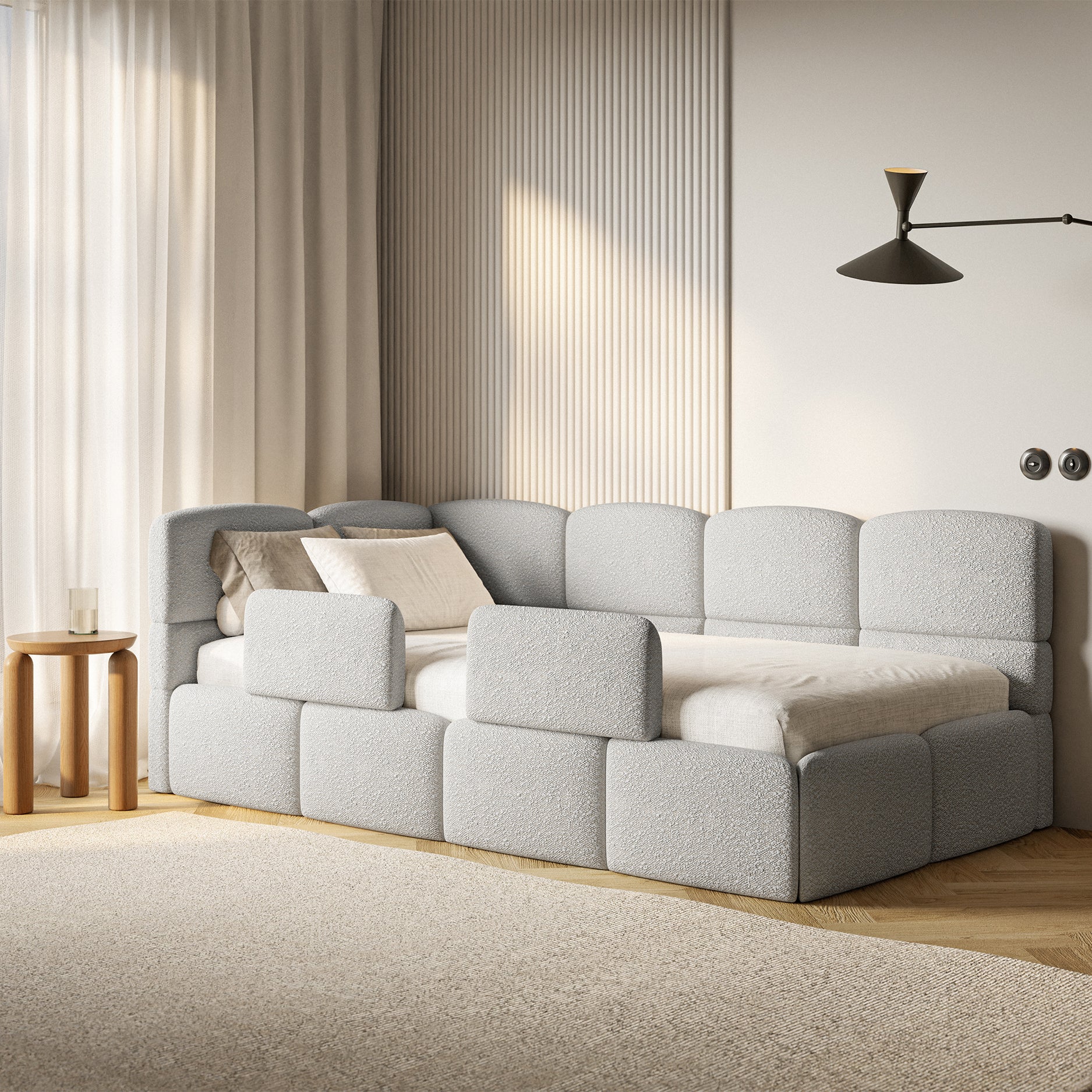 Łóżko młodzieżowe 120x200 cm Cloudy lewostronne z materacem pojemnikiem i barierkami jasnoszare boucle - stelaż metalowy