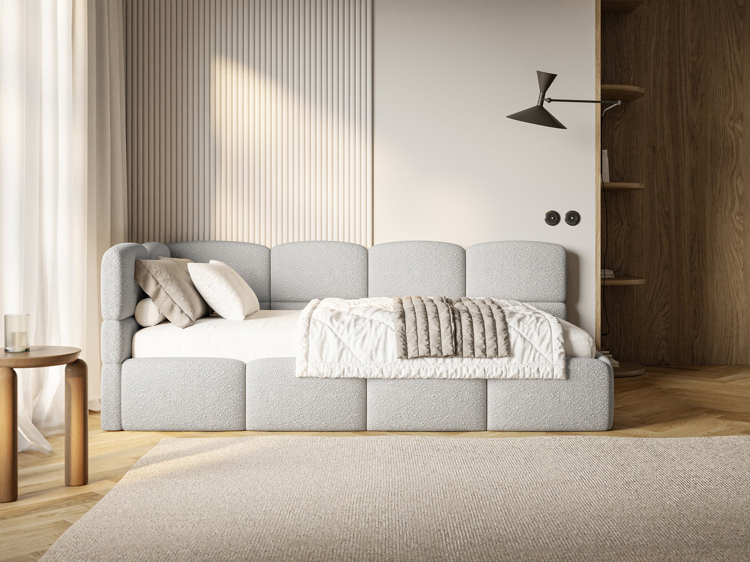 Łóżko młodzieżowe 90x200 cm Cloudy lewostronne z materacem pojemnikiem i barierkami szarobeżowe boucle - materiał metal