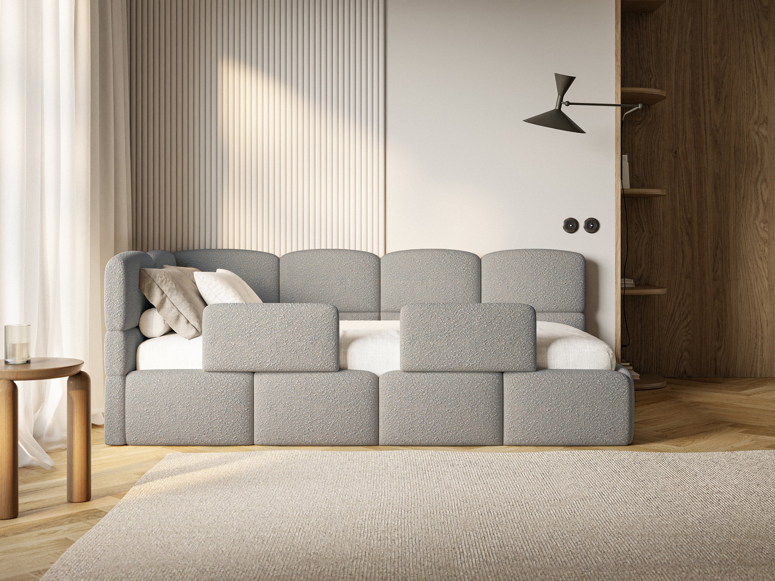 Łóżko młodzieżowe 120x200 cm Cloudy lewostronne z materacem pojemnikiem i barierkami szare boucle - materiał tworzywo sztuczne