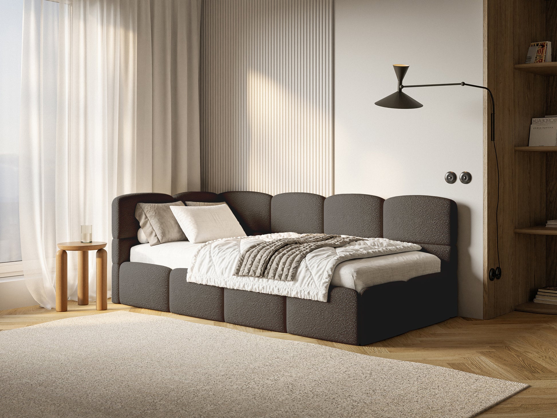 Łóżko młodzieżowe 90x200 cm Cloudy lewostronne z pojemnikiem i barierkami brązowe boucle - materiał drewno