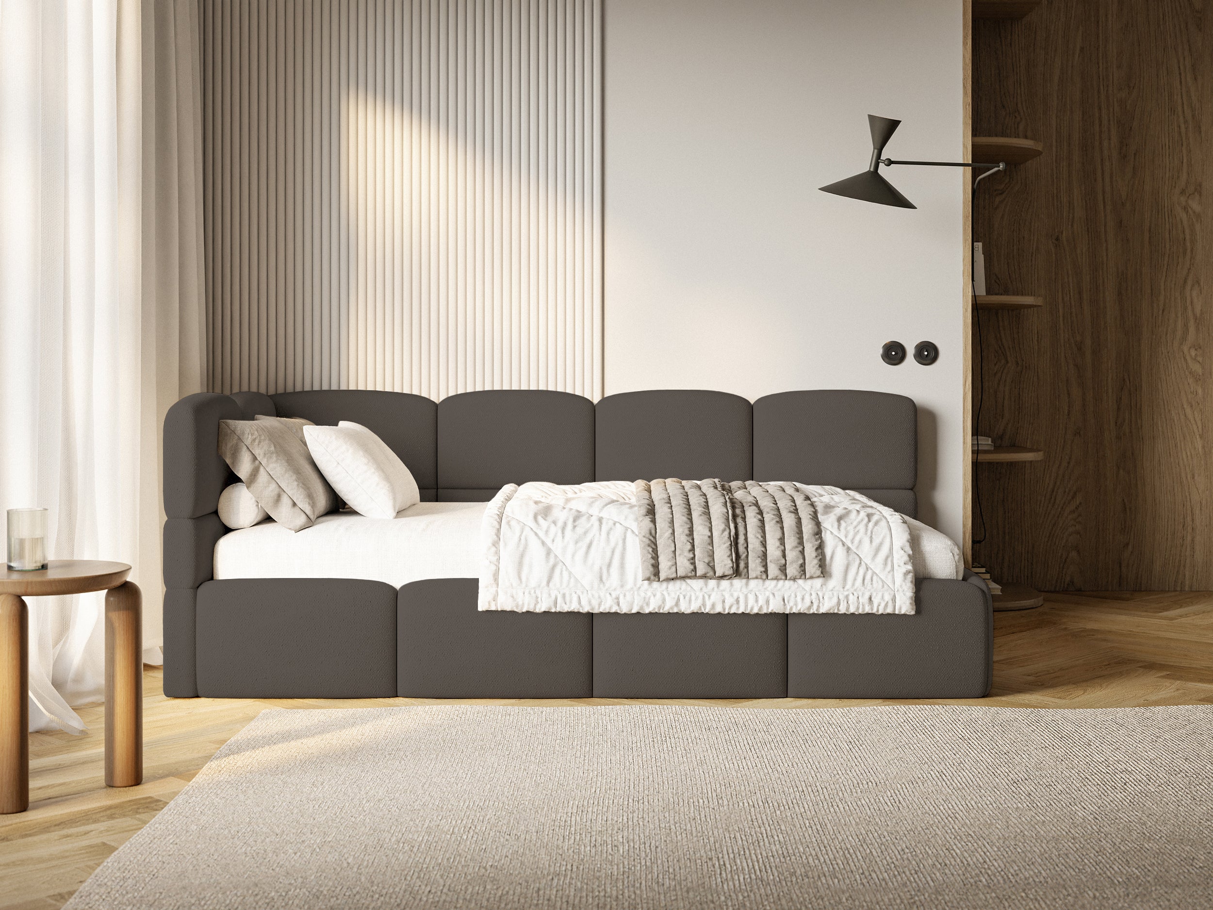 Łóżko młodzieżowe 120x200 cm Cloudy lewostronne z pojemnikiem brązowe szenil - materiał tkanina
