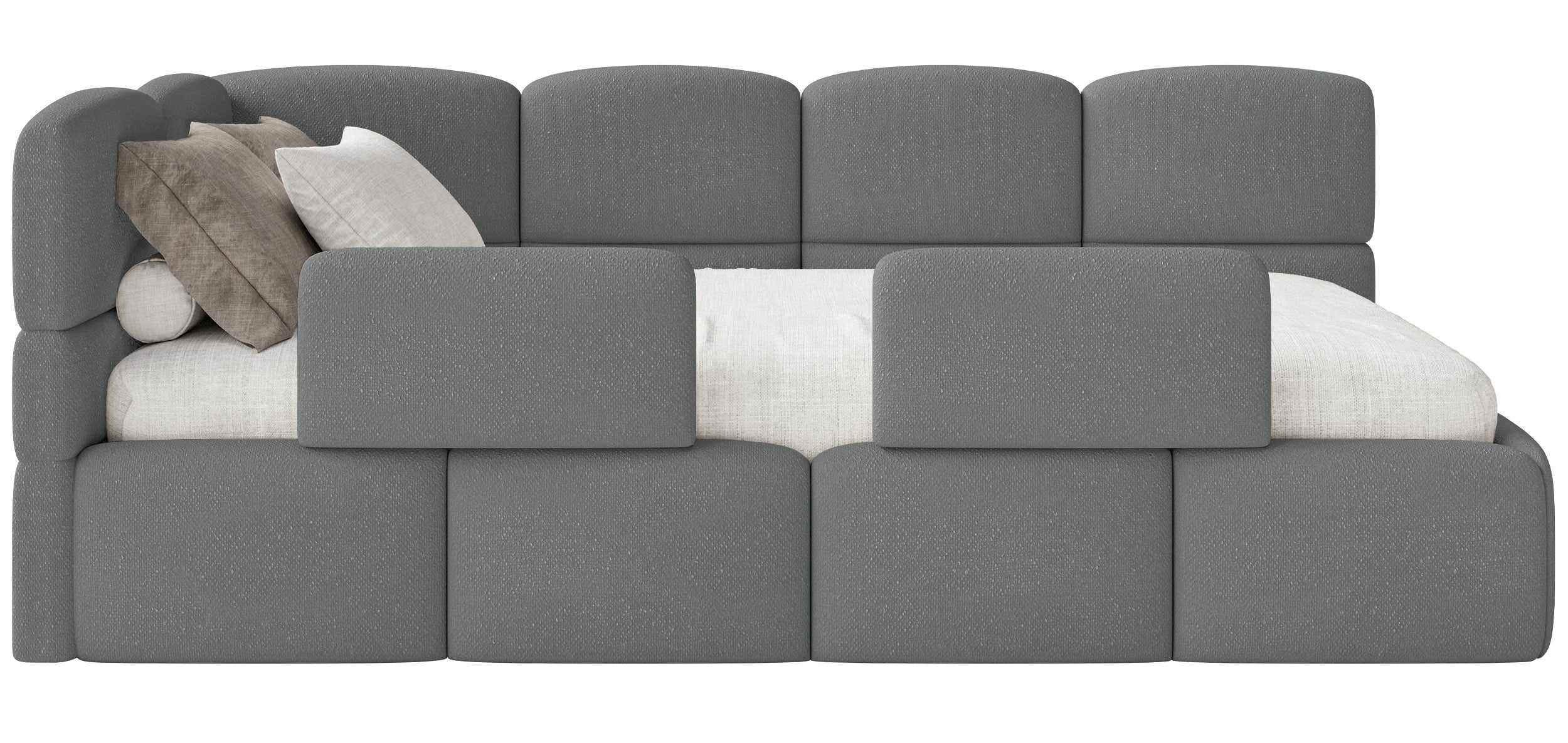 Łóżko młodzieżowe 90x200 cm Cloudy lewostronne z pojemnikiem i barierkami ciemnoszare szenil - materiał metal