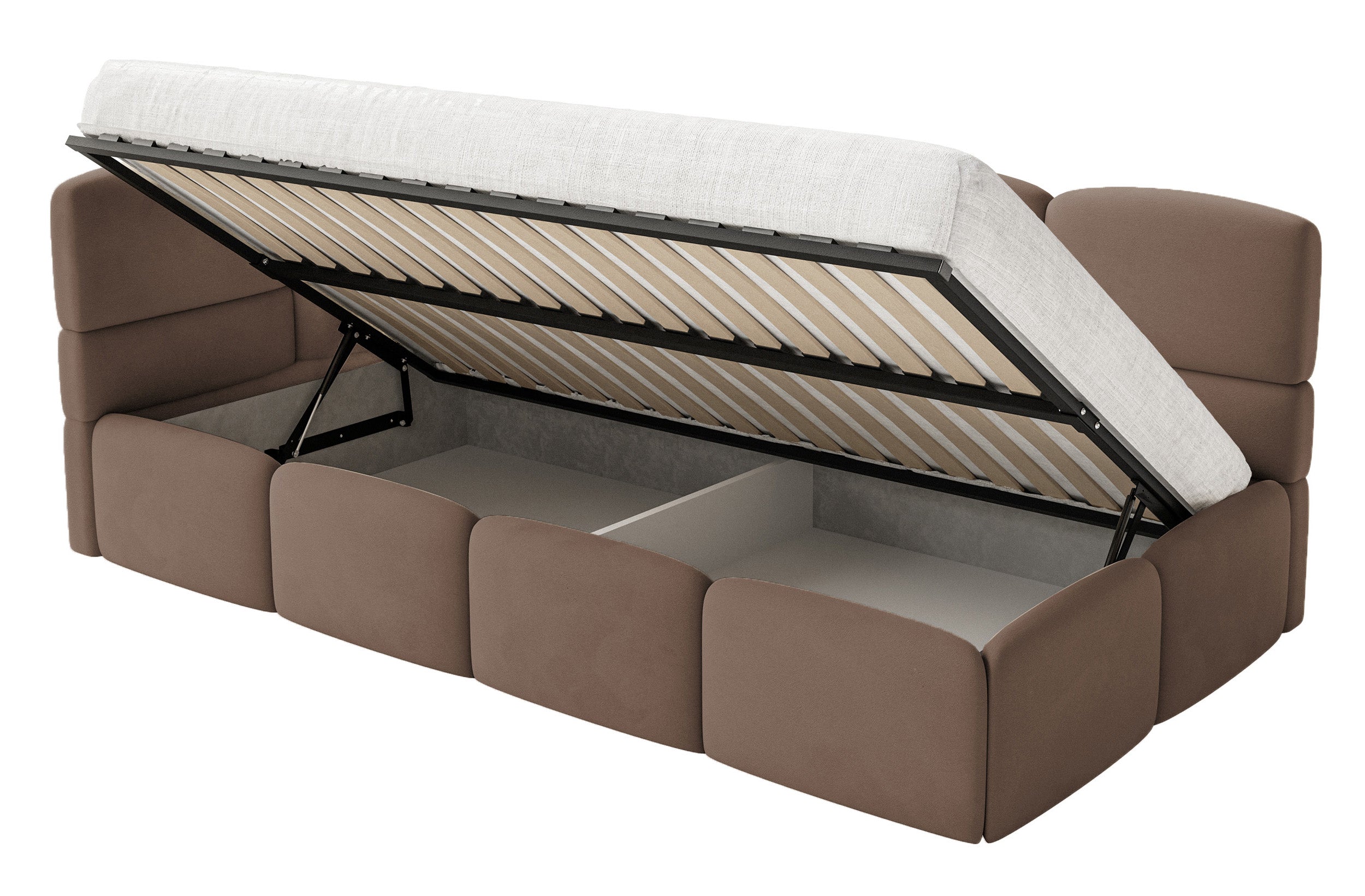Łóżko młodzieżowe 120x200 cm Cloudy lewostronne z materacem pojemnikiem i barierkami brązowe welur hydrofobowy łatwoczyszczący - stelaż metalowy