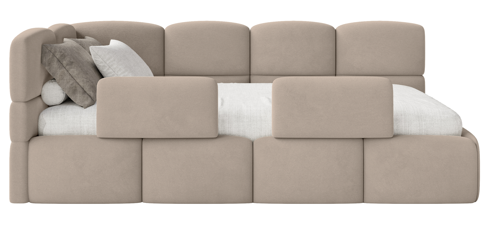 Łóżko młodzieżowe 120x200 cm Cloudy lewostronne z pojemnikiem i barierkami beżowe welur hydrofobowy łatwoczyszczący - materiał płyta meblowa
