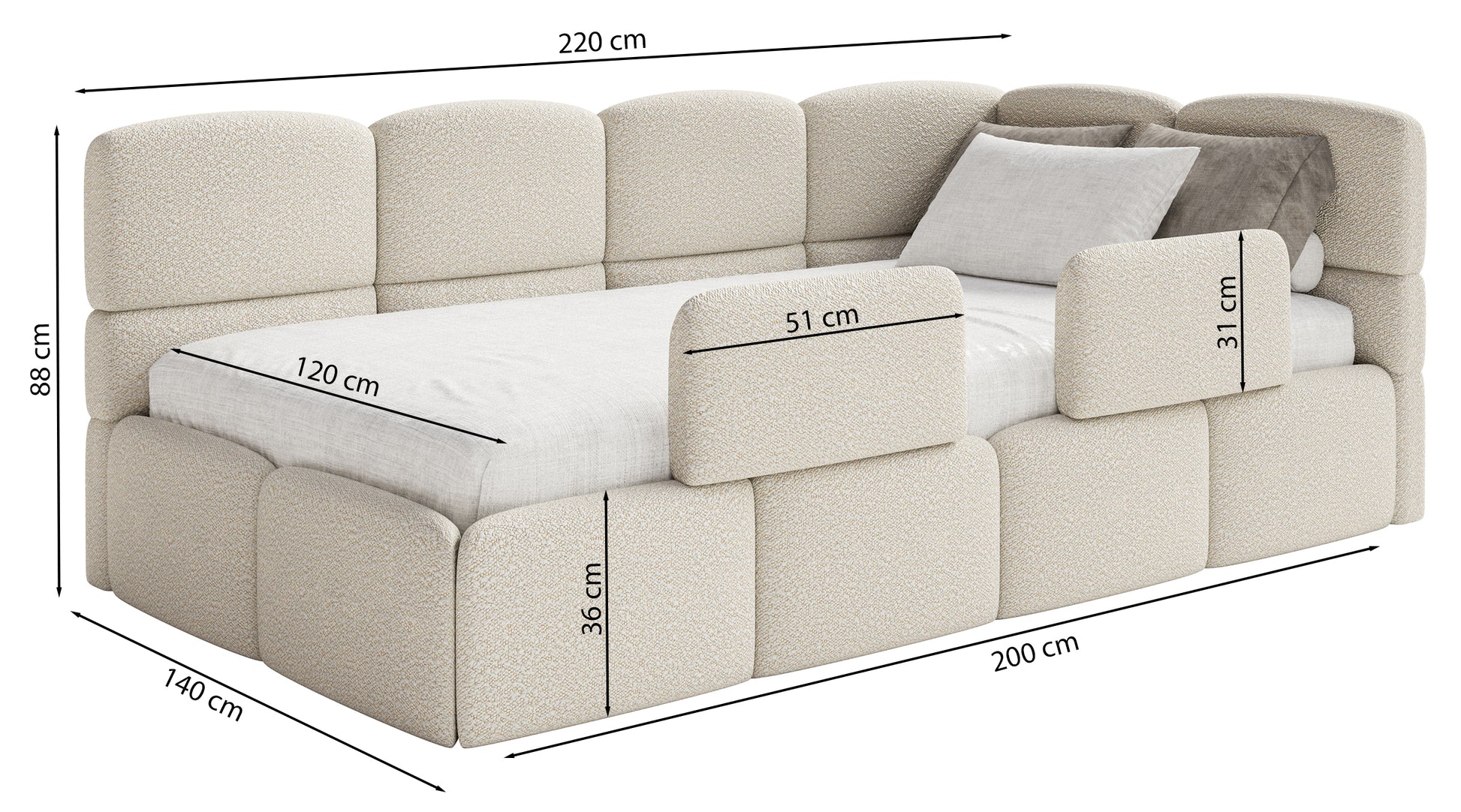 Rysunek wymiarowy - Łóżko młodzieżowe 120x200 cm Cloudy lewostronne z pojemnikiem jasnoszare welur hydrofobowy łatwoczyszczący: szerokość 140 cm, długość 220 cm, wysokość 88 cm