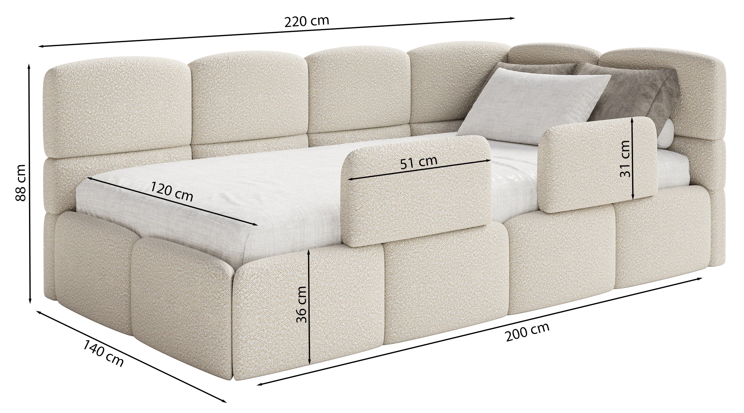 Rysunek wymiarowy - Łóżko młodzieżowe 120x200 cm Cloudy prawostronne z materacem pojemnikiem i barierkami szare boucle: szerokość 140 cm, długość 220 cm, wysokość 88 cm