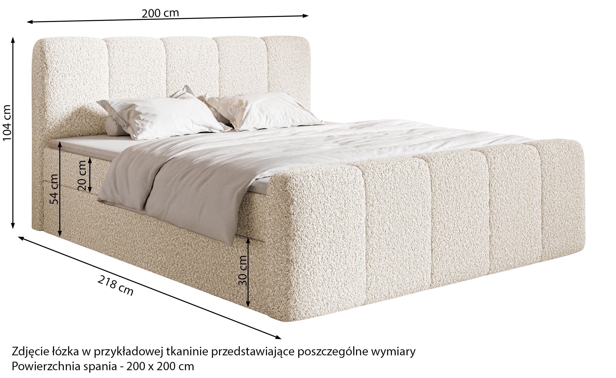 Łóżko kontynentalne 200x200 cm Cloudy II z pojemnikami i topperem kremowe boucle