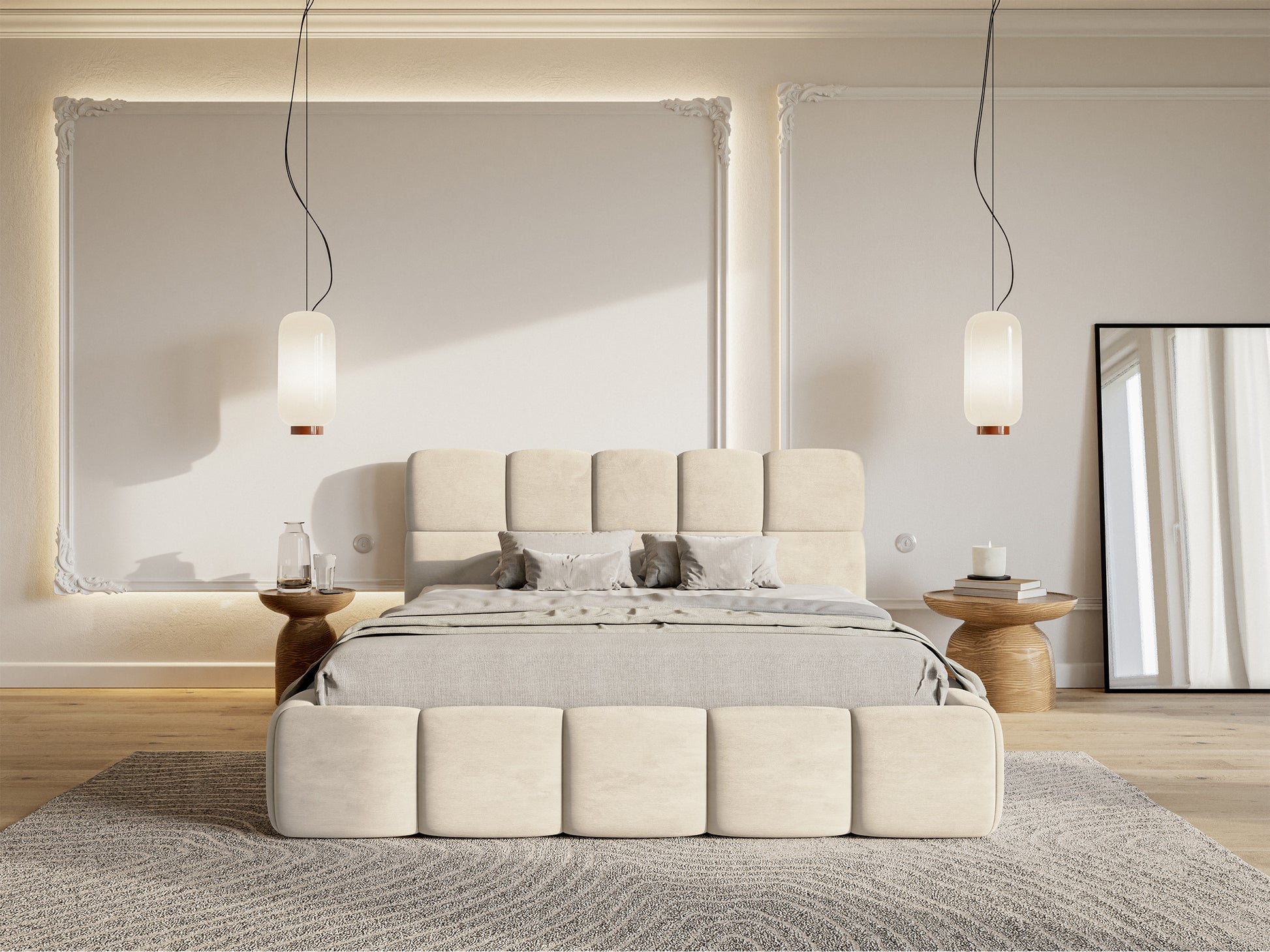 Łóżko tapicerowane 140x200 cm Cloudy z pojemnikiem jasnobeżowe welur hydrofobowy łatwoczyszczący stelaż metalowy - szerokość 160 cm