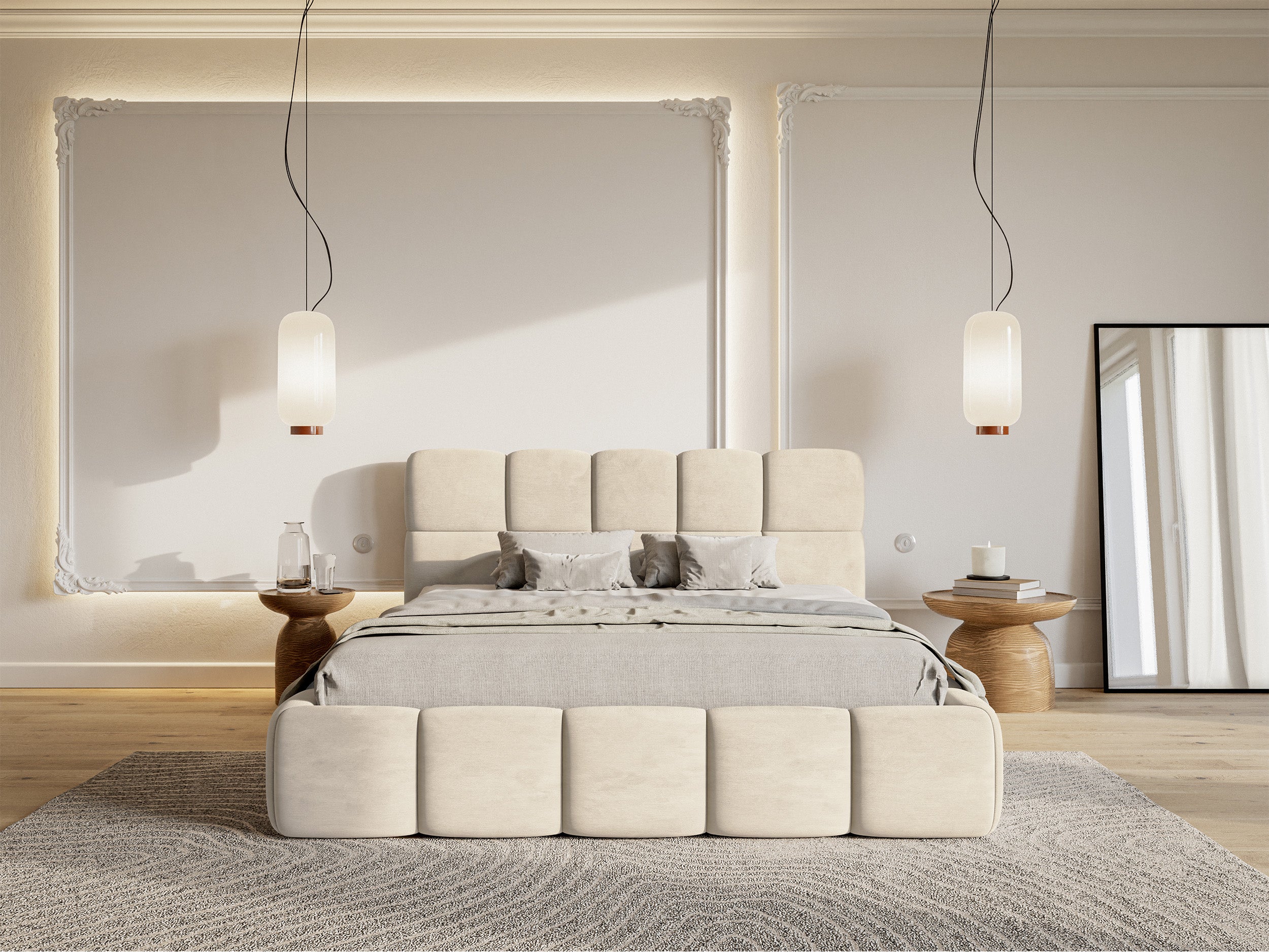 Łóżko tapicerowane 140x200 cm Cloudy z pojemnikiem jasnobeżowe welur hydrofobowy łatwoczyszczący stelaż metalowy - szerokość 160 cm