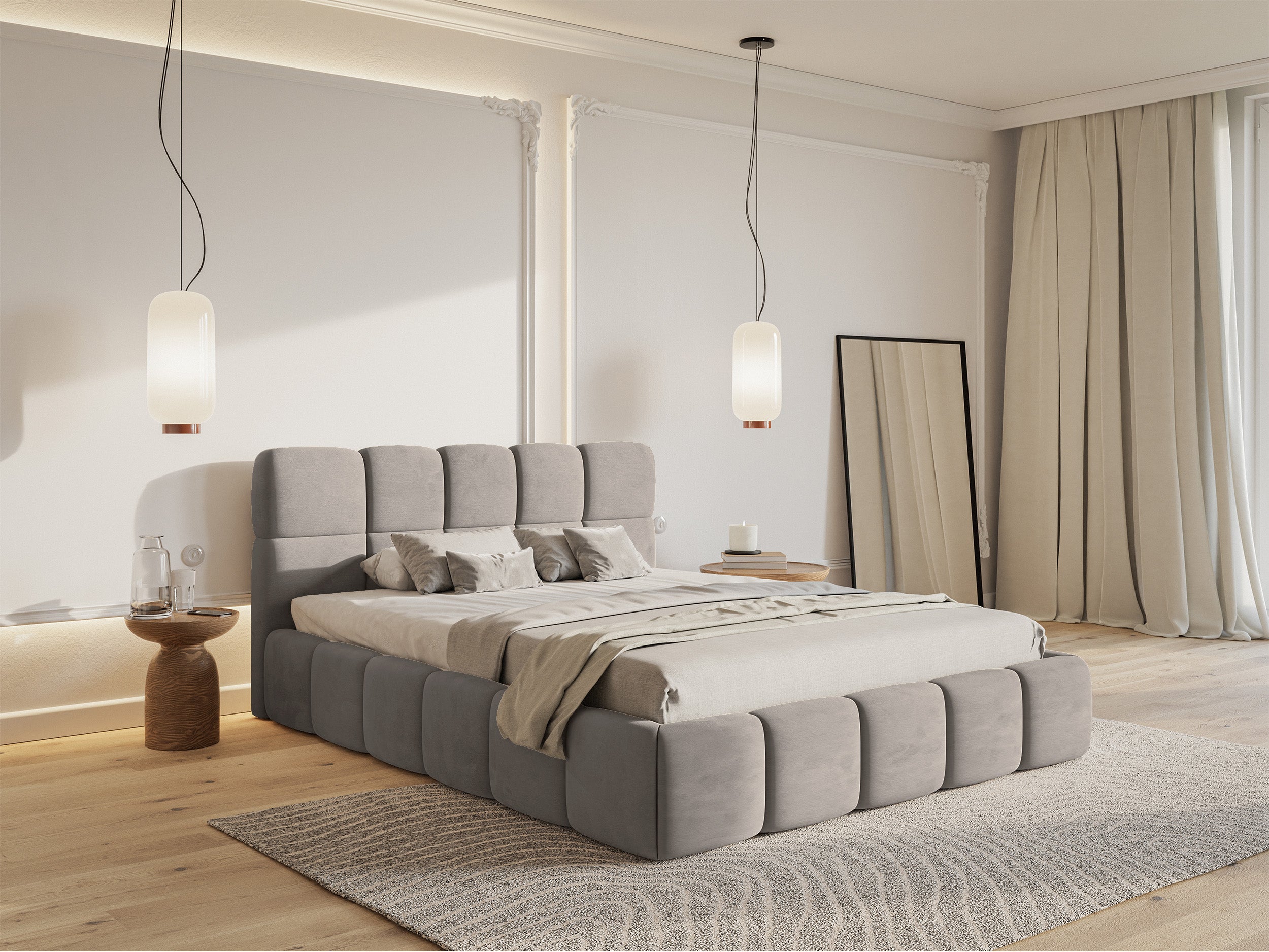 Łóżko tapicerowane 140x200 cm Cloudy z pojemnikiem jasnoszare welur hydrofobowy łatwoczyszczący stelaż metalowy - bez materaca
