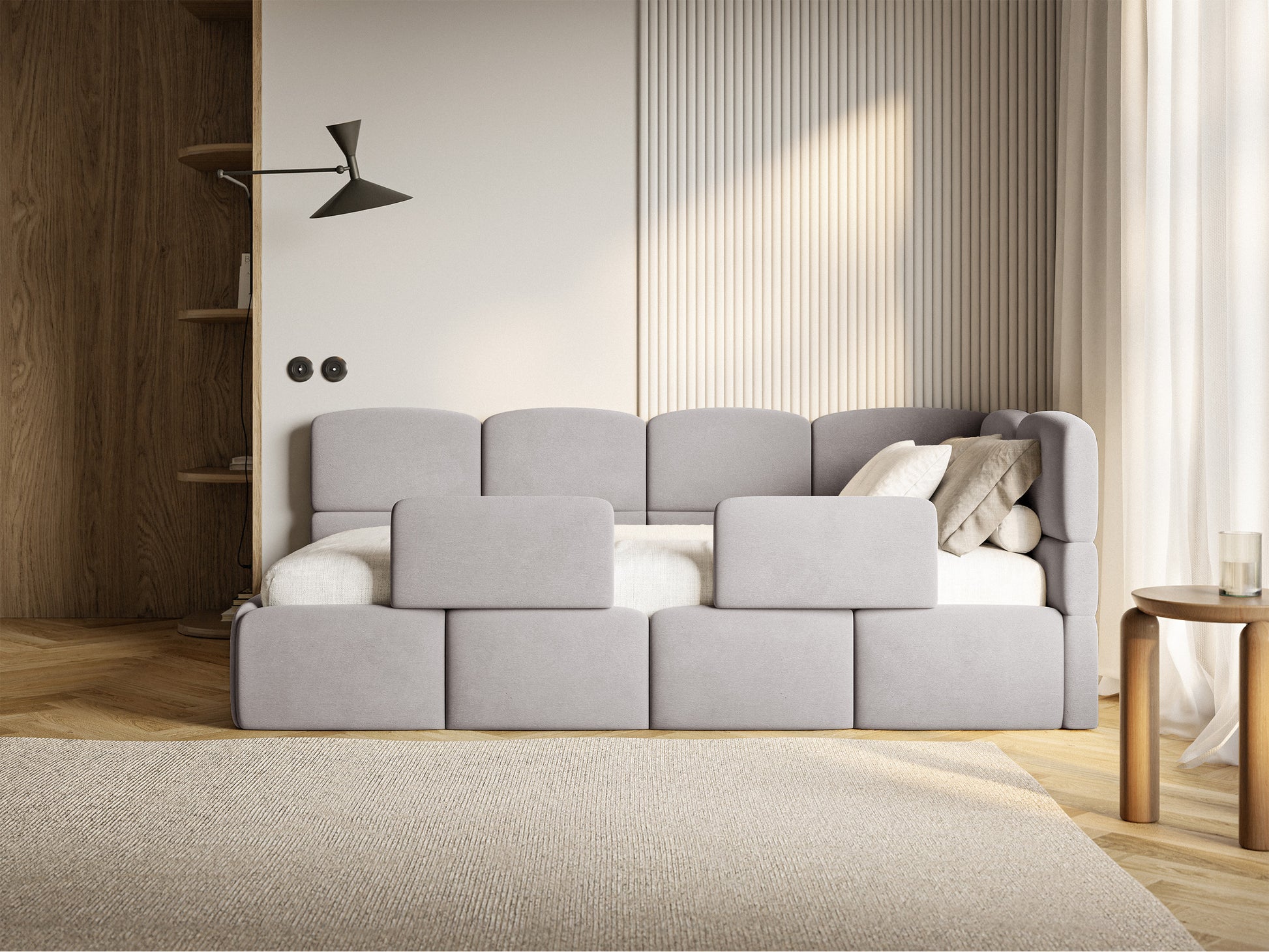 Łóżko młodzieżowe 120x200 cm Cloudy prawostronne z materacem pojemnikiem i barierkami jasnoszare welur hydrofobowy łatwoczyszczący w aranżacji pokoju młodzieżowego - rodzaj dwuosobowy