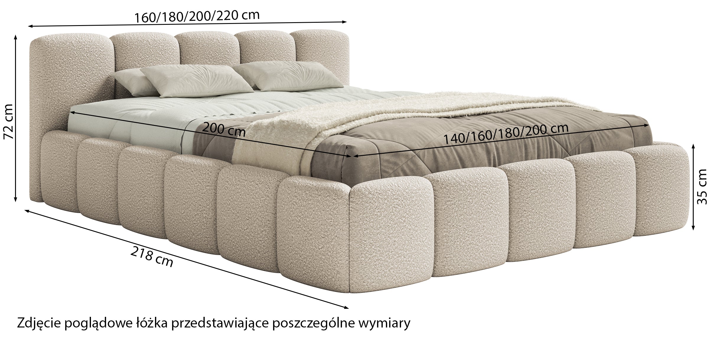 Łóżko tapicerowane 200x200 cm Cloudy Low z pojemnikiem brązowe boucle stelaż metalowy