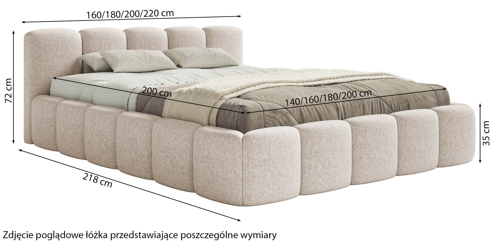 Rysunek wymiarowy - Łóżko tapicerowane Cloudy Low 140x200 cm z pojemnikiem miedziane szenil hydrofobowy: szerokość 160 cm, długość 218 cm, wysokość 72 cm