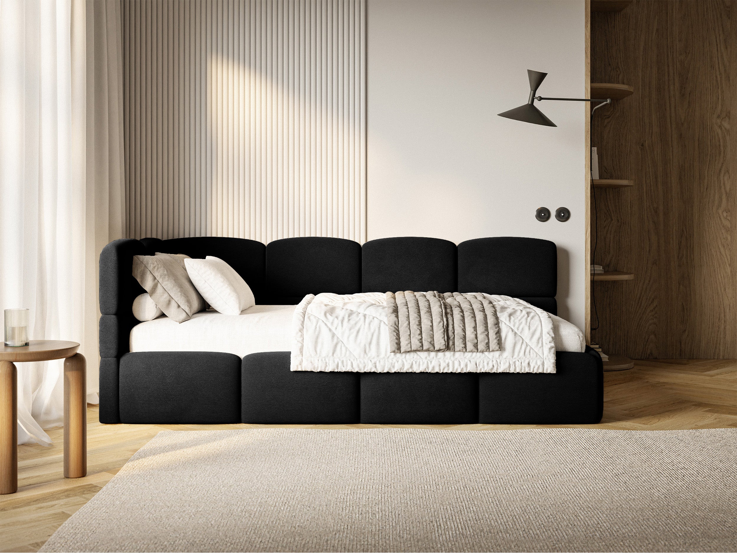 Łóżko młodzieżowe 90x200 cm Cloudy lewostronne z materacem i pojemnikiem czarne welur hydrofobowy łatwoczyszczący w aranżacji pokoju młodzieżowego - rodzaj jednoosobowy