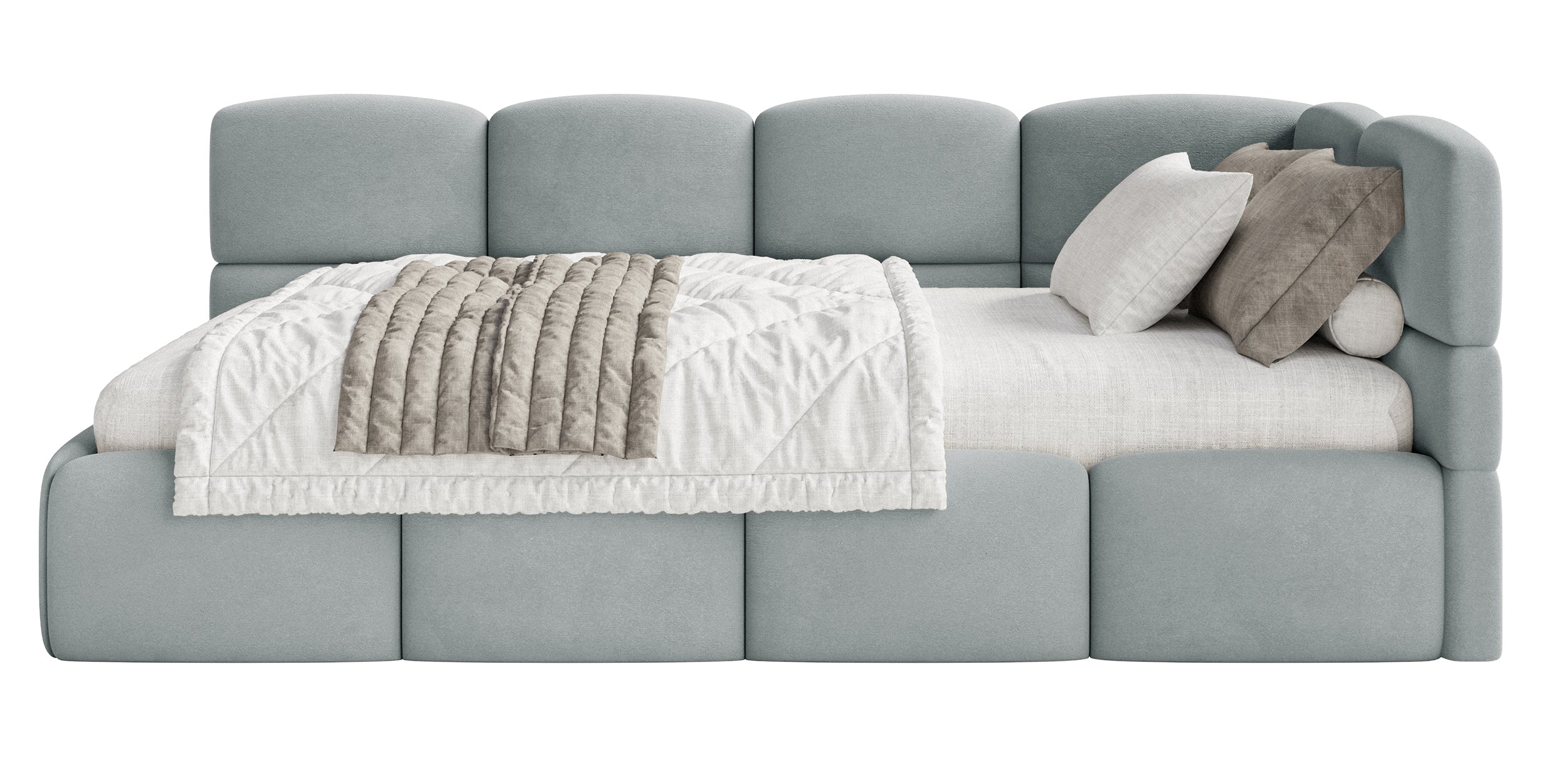 Łóżko młodzieżowe 120x200 cm Cloudy prawostronne z materacem pojemnikiem i barierkami szare welur hydrofobowy łatwoczyszczący - materiał tworzywo sztuczne