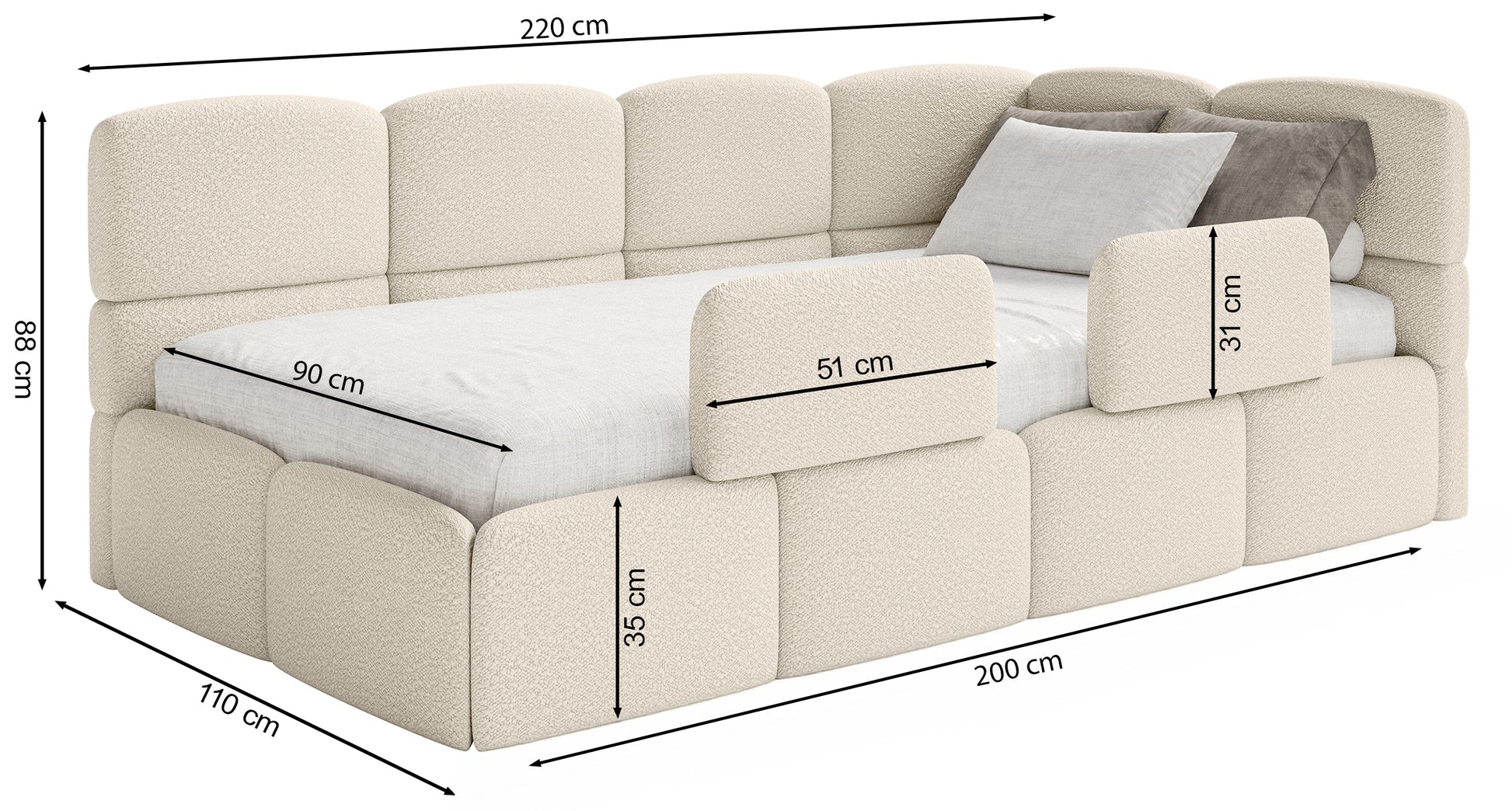 Rysunek wymiarowy - Łóżko młodzieżowe 90x200 cm Cloudy prawostronne z pojemnikiem i barierkami jasnobrązowe szenil: szerokość 110 cm, długość 220 cm, wysokość 88 cm