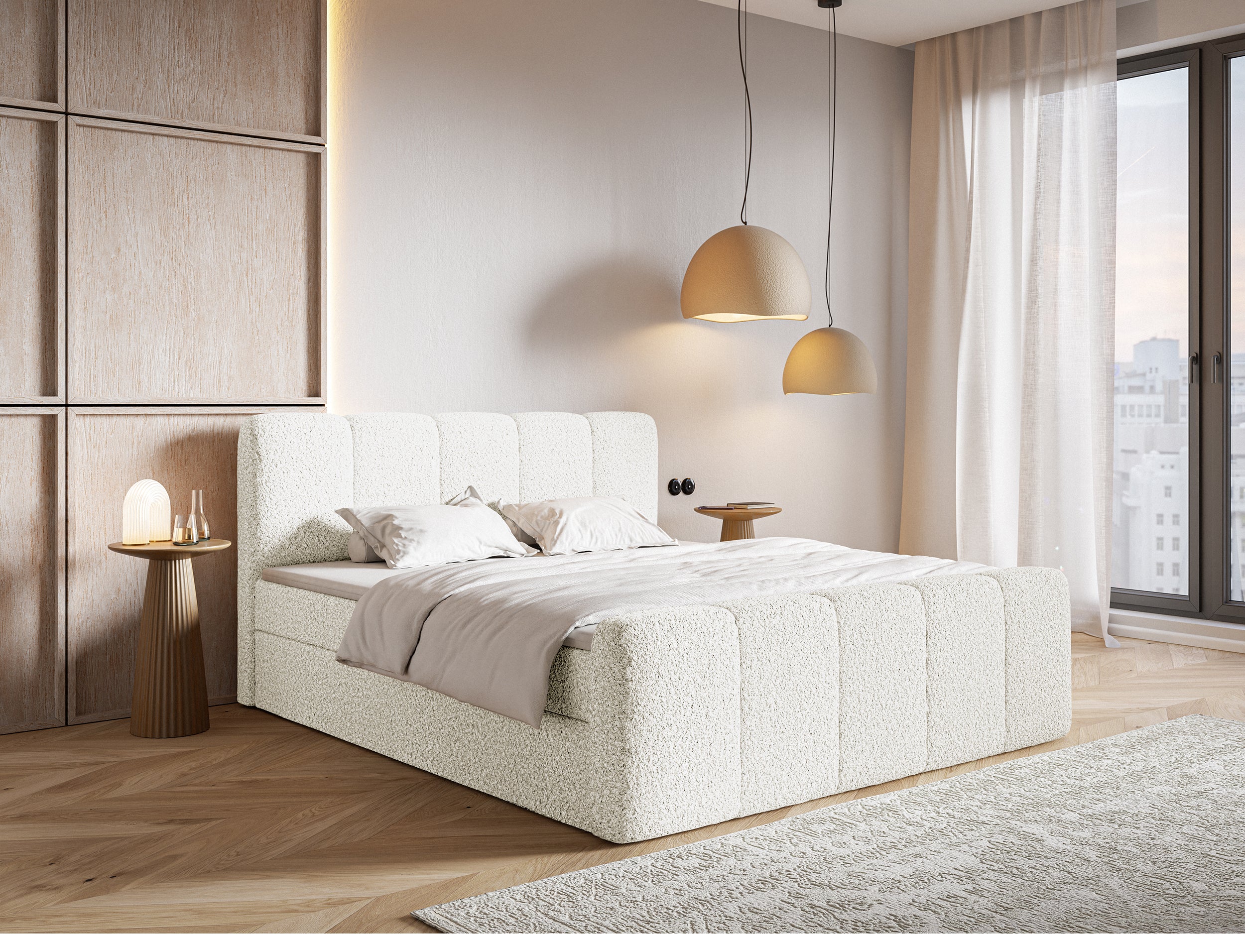 Łóżko kontynentalne 200x200 cm Cloudy II z pojemnikami i topperem kremowe boucle