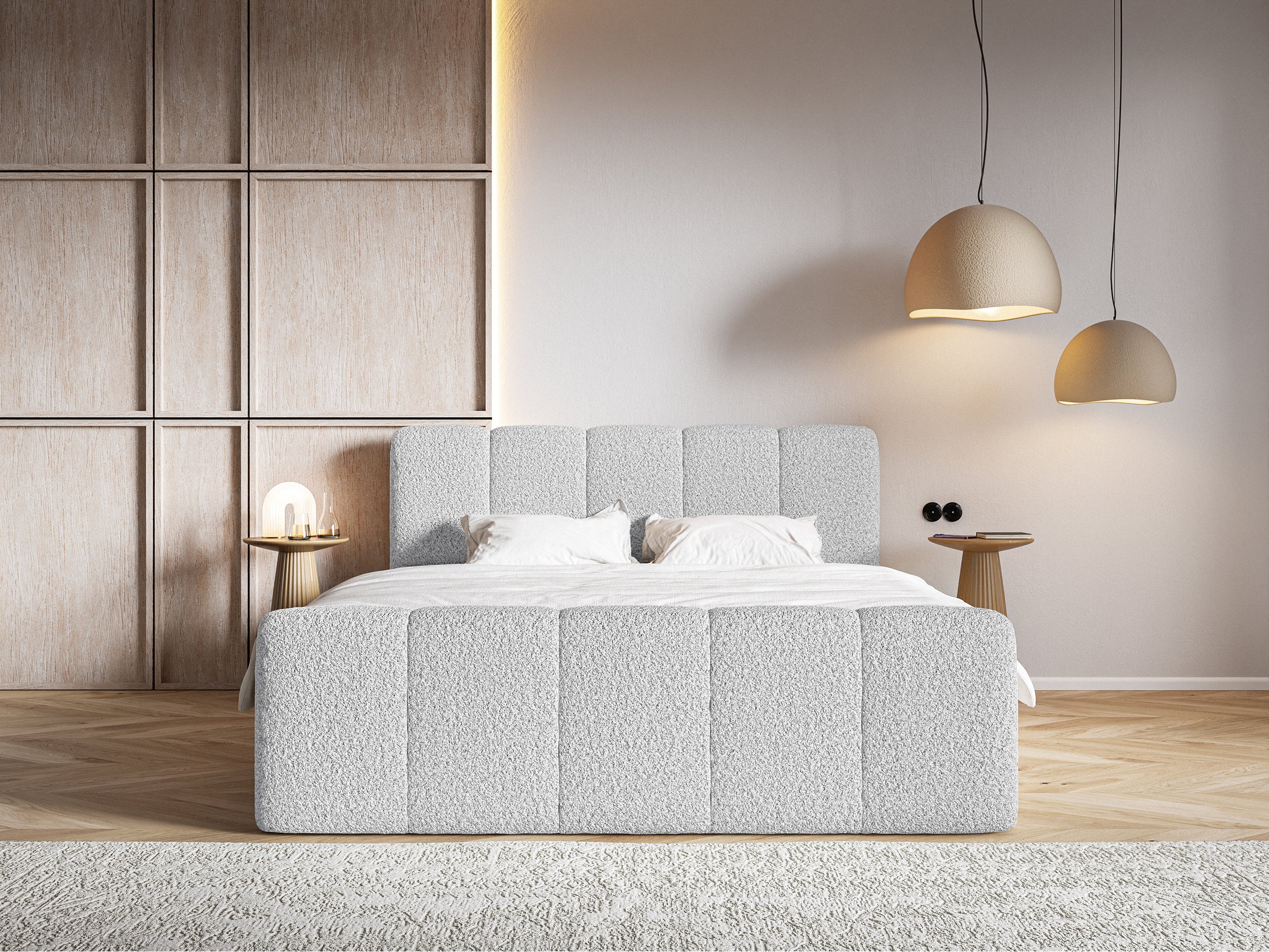 Łóżko kontynentalne 200x200 cm Cloudy II z pojemnikami i topperem jasnoszare boucle