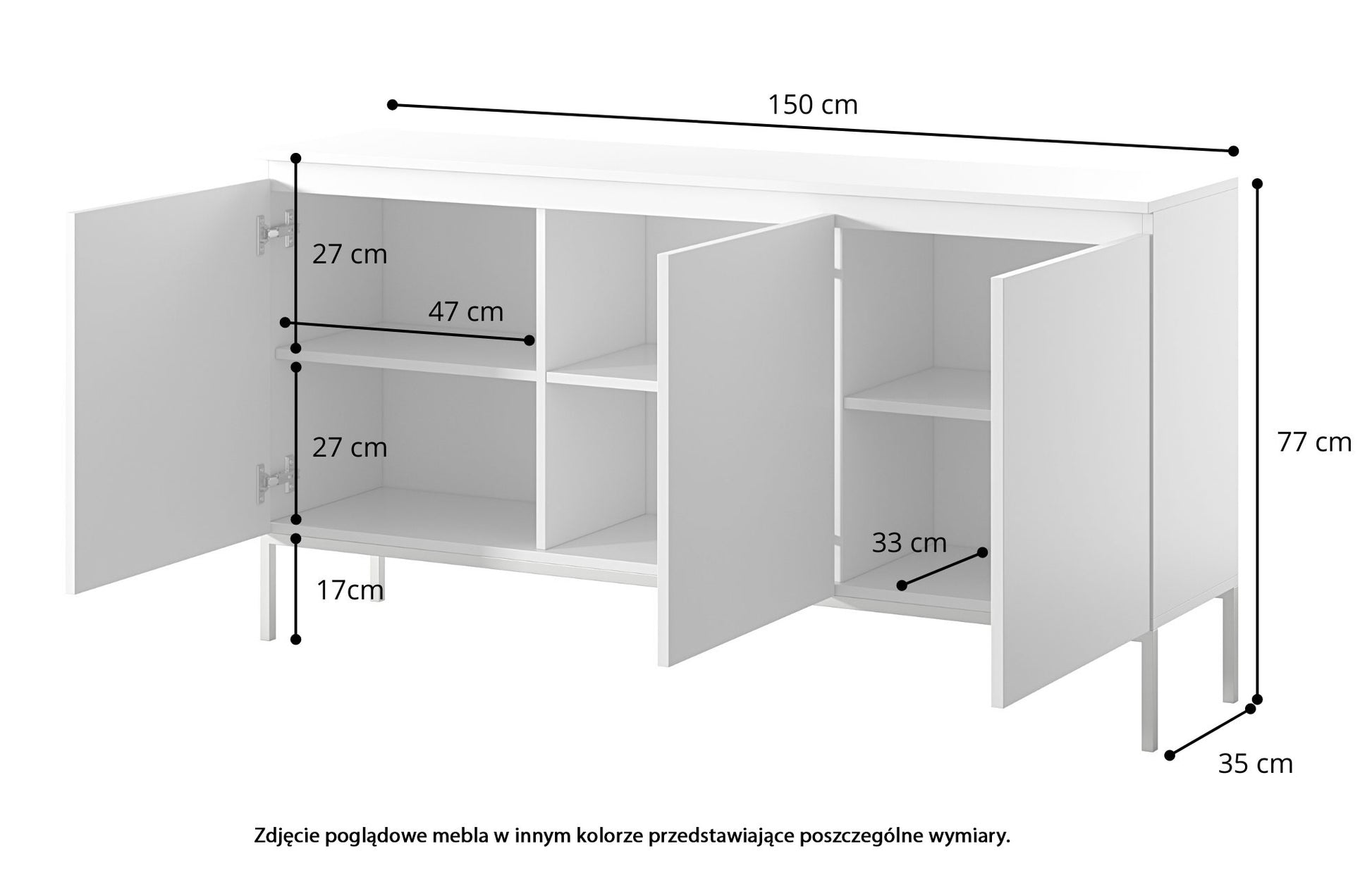 Komoda trzydrzwiowa Bemmi 150 cm czarna ze złotymi nogami - szerokość 150 cm