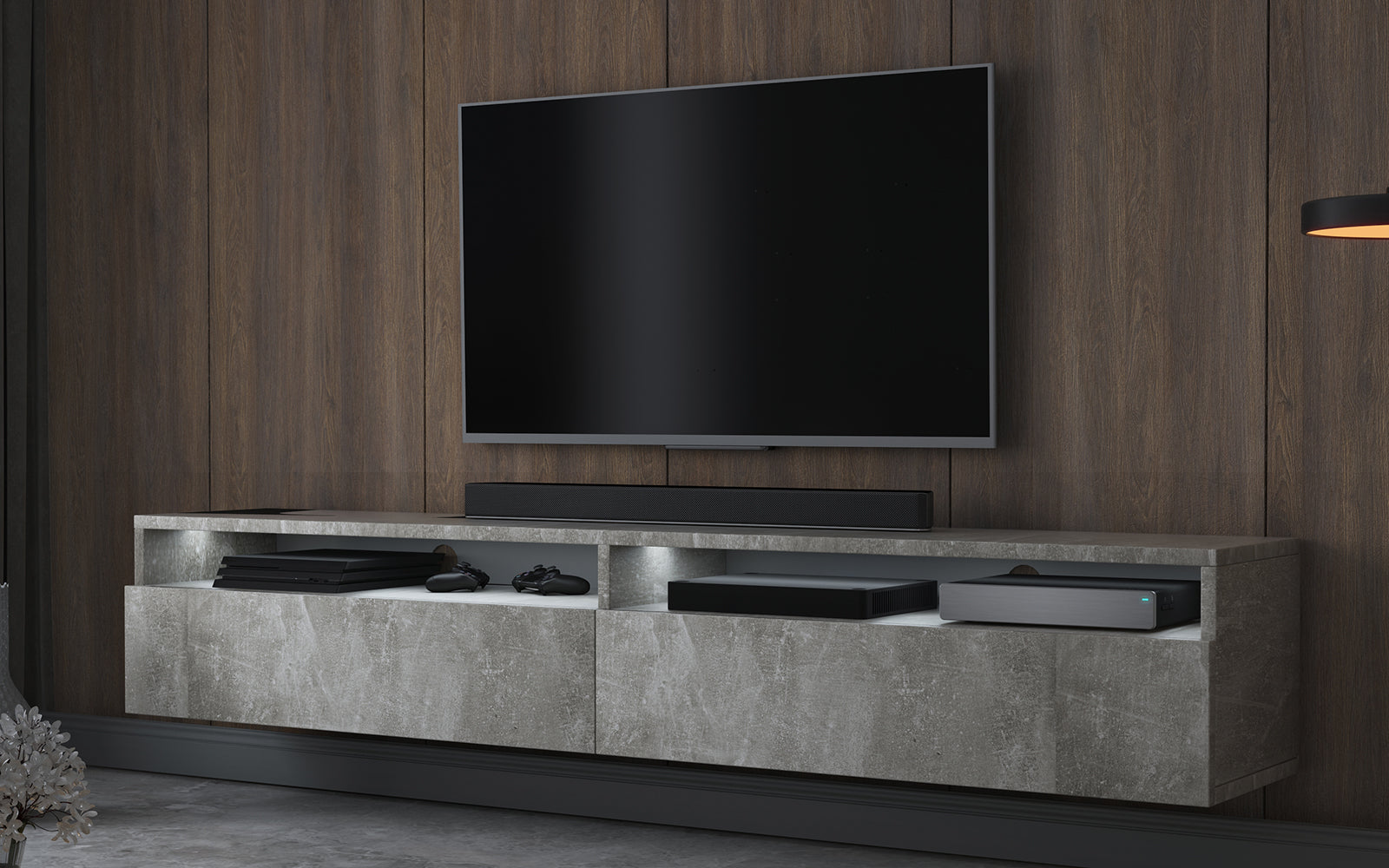 Szafka RTV Rednaw 180 cm Beton z oświetleniem