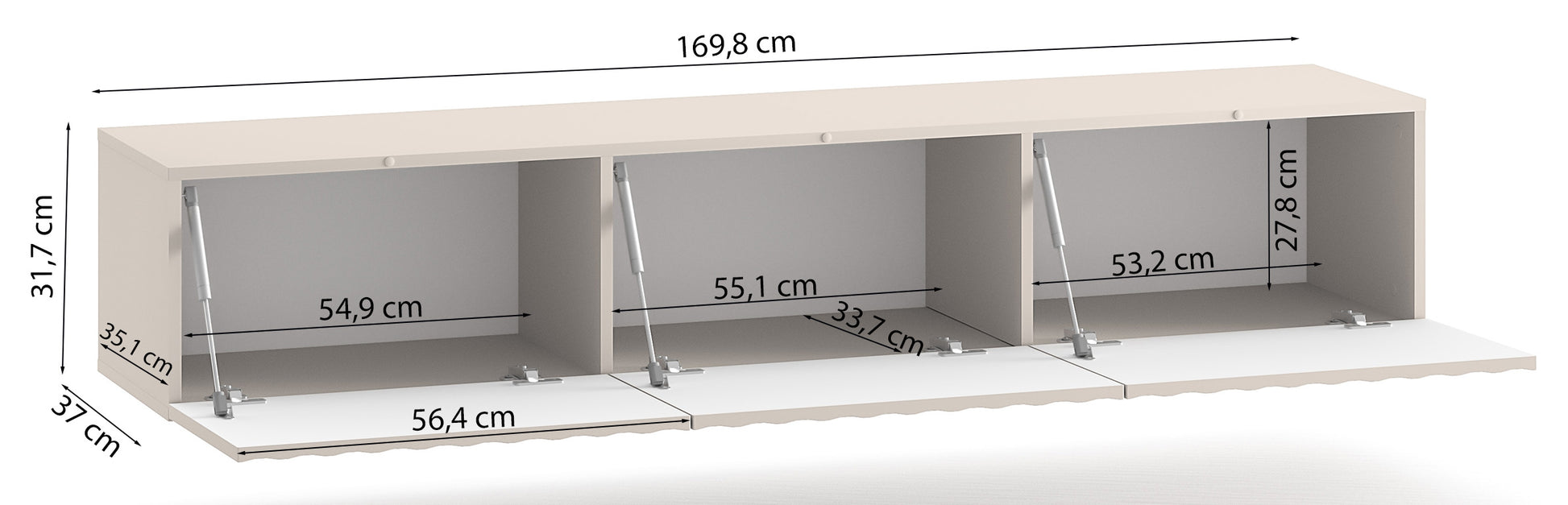 Rysunek wymiarowy - Szafka RTV Derriva wisząca: szerokość 169,8 cm, głębokość 37 cm, wysokość 31,7 cm